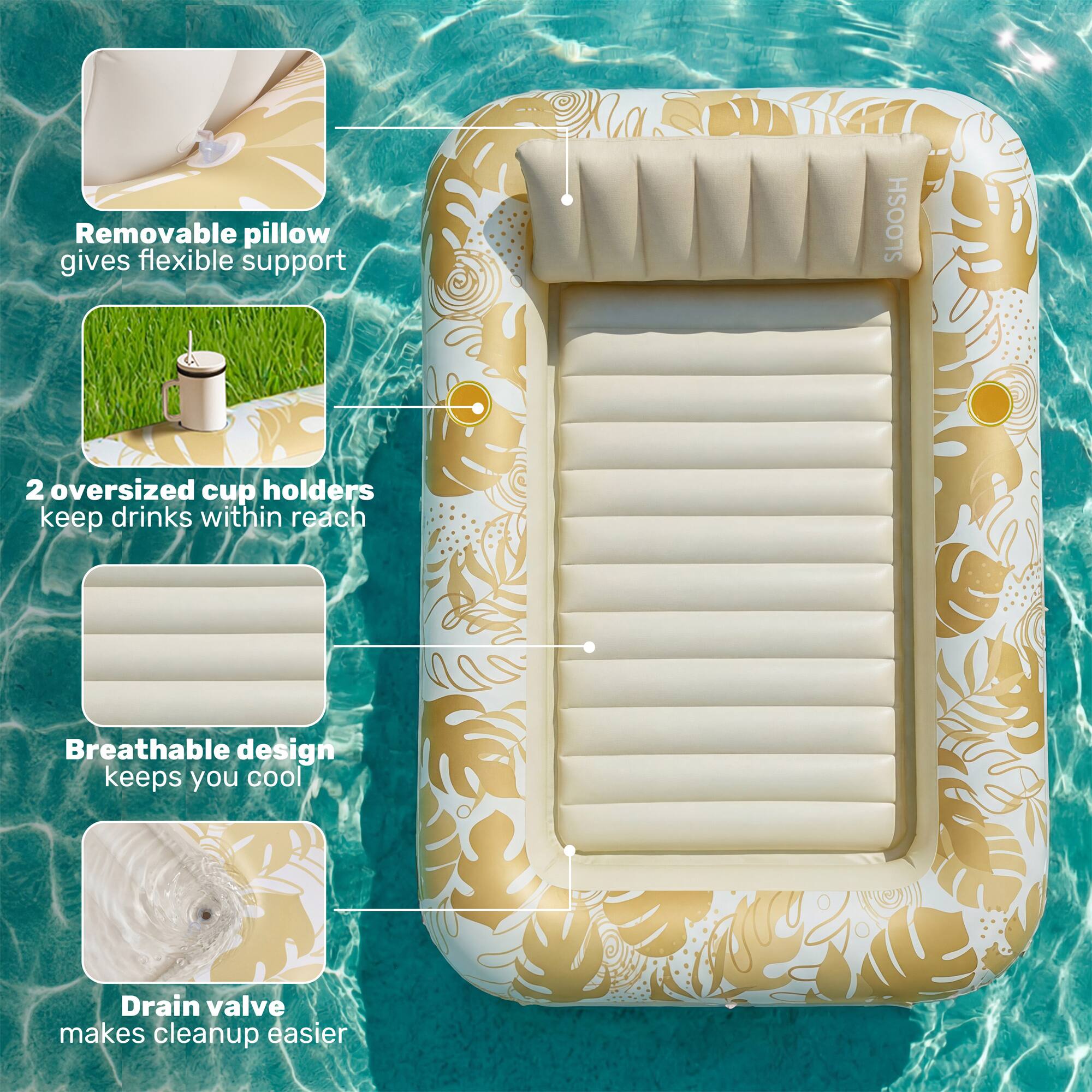 - Removable pillow gives flexible support
- 2 oversized cup holders keep drinks within reach
- Breathable design keeps you cool
- Drain valve makes cleanup easier