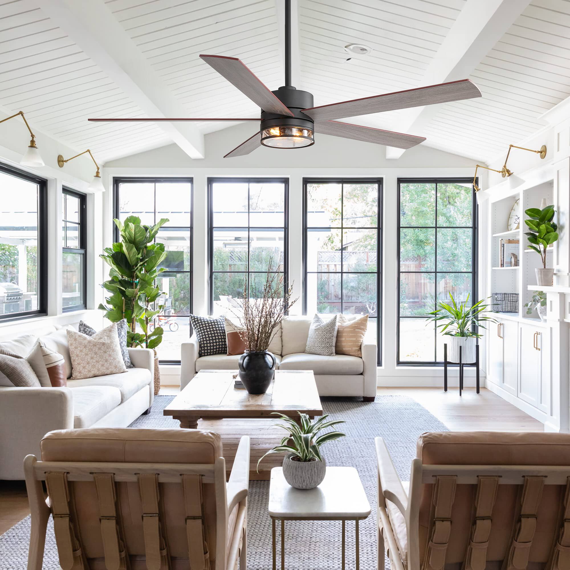 Alt View 2. Breezary - 65" Indoor Large Ceiling Fan with E26 Light Socket, Reversible Blade, Remote& 6-Speed DC Motor, 7/15'' Downrods - Black and Dual-Tone Wood Finish.