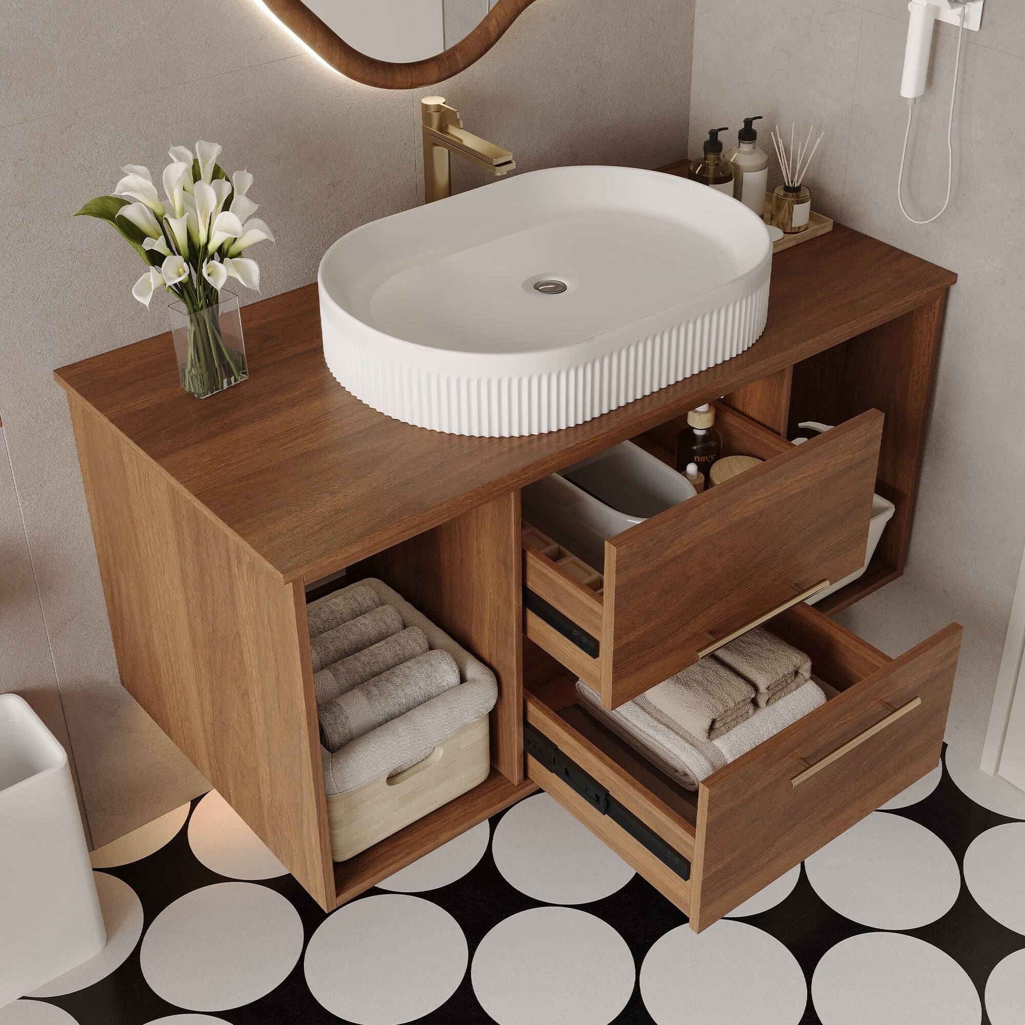 Alt View 5. Boyel Living - 39.4 In Wall Mounted Bathroom Vanity Oval Ceramic Sink Solid Wood Soft Close Drawers - Walnut.