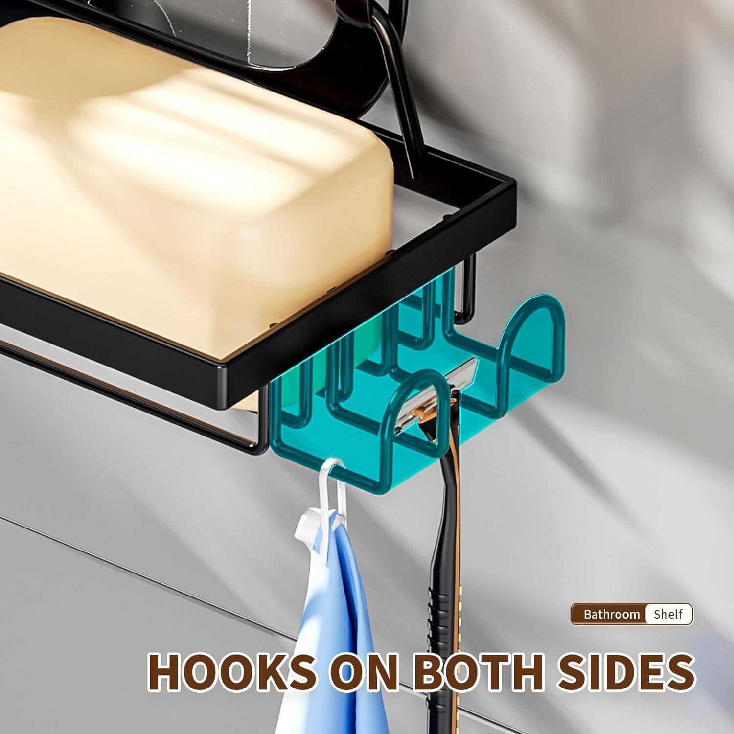 Bathroom Shelf  
Hooks on Both Sides