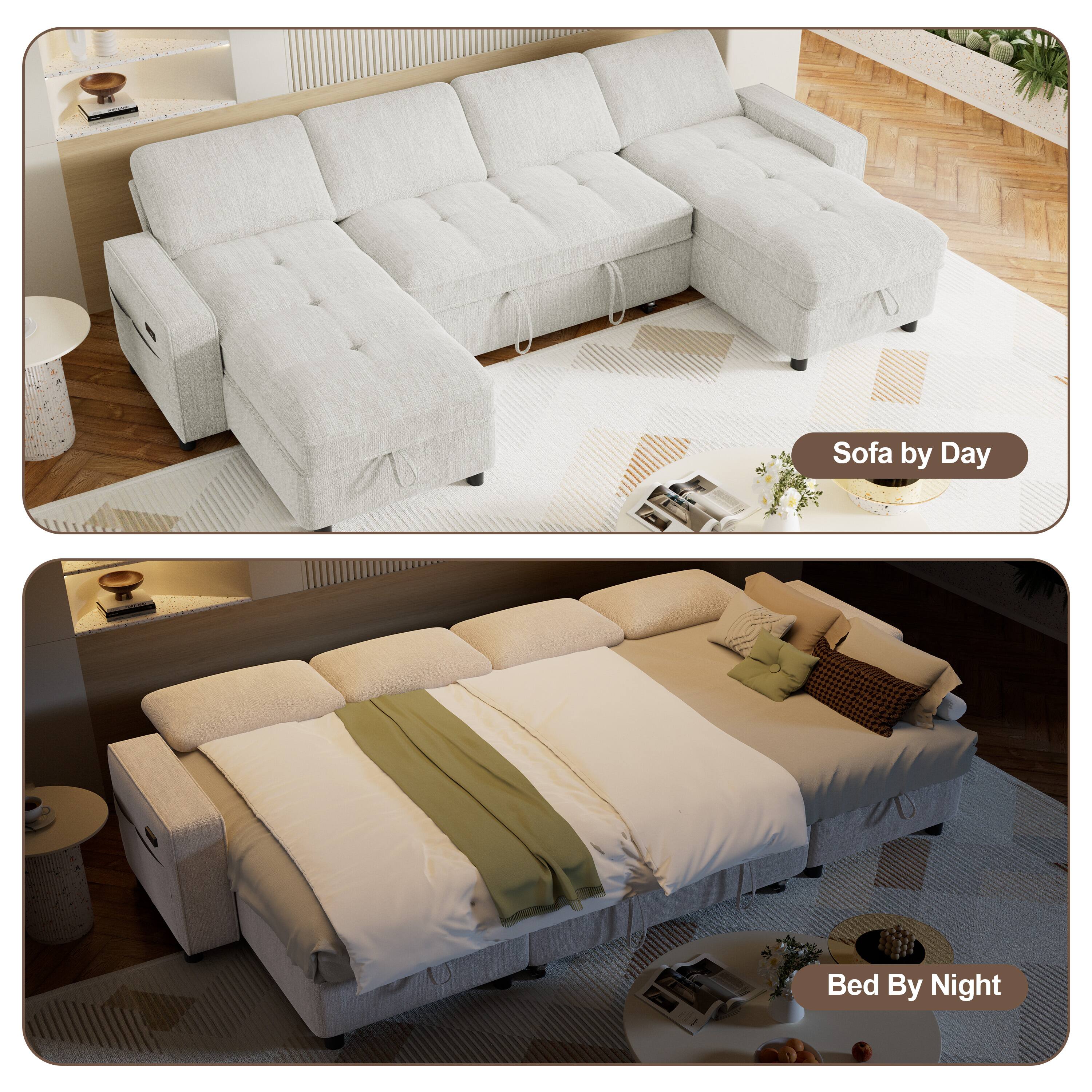 Alt View 1. Dyonery - 105" U Shaped Couch Sleeper Sofa, Pull Out Couch with Reclining Backrest, Reversible Storage Chaise, USB Ports - Beige.