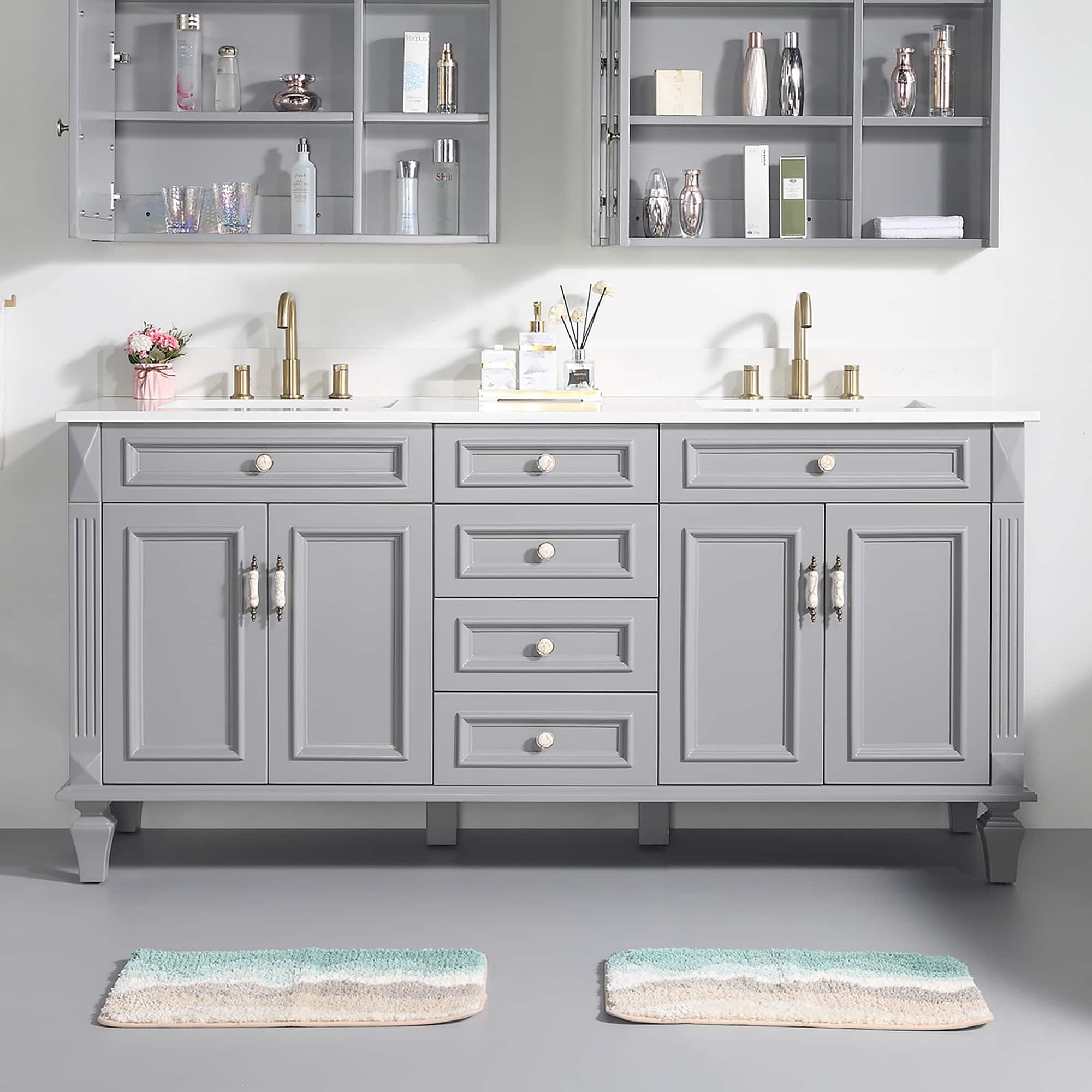 WELLFOR - ARTWOOD 72 in. Solid Wood Bath Vanity with Quartz Top, Double Sink, Soft Close, Assembled - Gray
