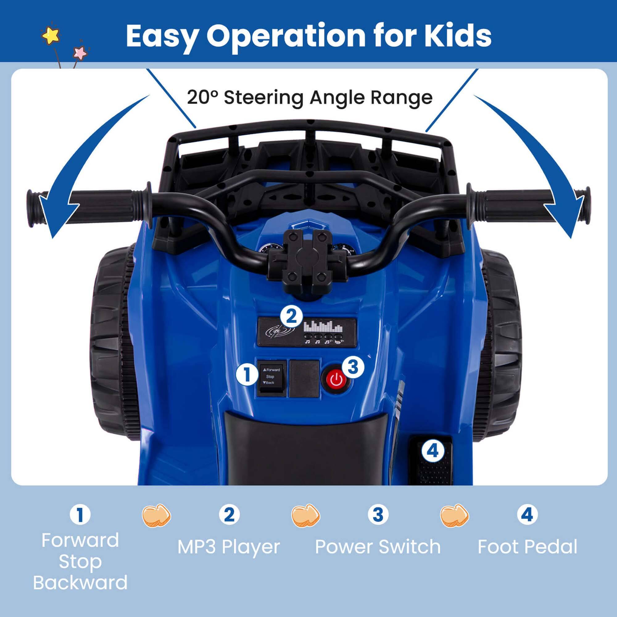 Easy Operation for Kids

20° Steering Angle Range

1. Forward Stop Backward
2. MP3 Player
3. Power Switch
4. Foot Pedal