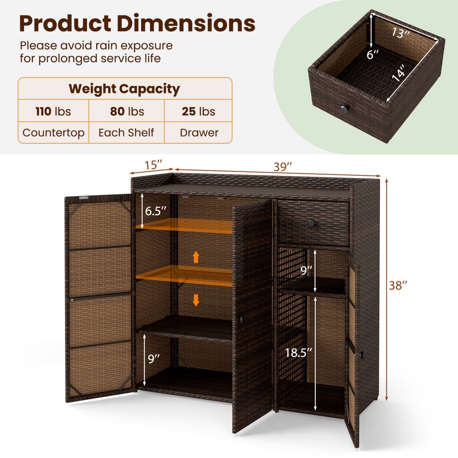Product Dimensions  
Please avoid rain exposure for prolonged service life  

Weight Capacity  
110 lbs (Counter top)  
80 lbs (Each Shelf)  
25 lbs (Drawer)  

Dimensions  
13" x 6" x 14" (Drawer)  
15" x 6.5" x 9" (Shelf)  
39" x 38" x 18.5" (Overall)