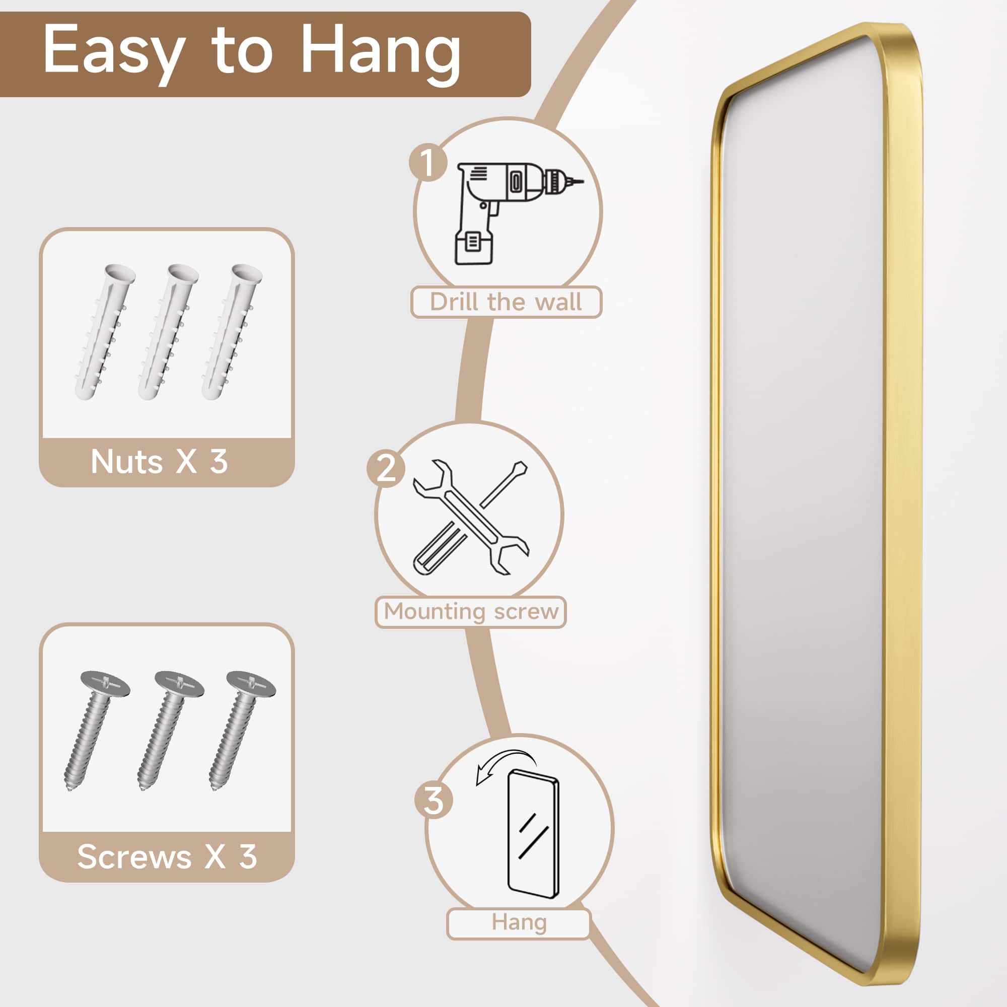 Easy to Hang: 1. Drill the wall, 2. Nuts X 3, 3. Mounting screw, 4. Screws X 3, 5. Hang.