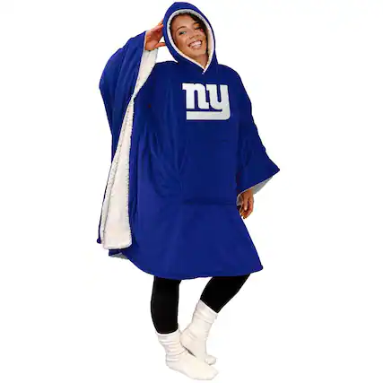 Front. Pegasus - New York Giants 60" x 80" Logo Patch Team Color Bloncho with Sherpa - Multicolor.