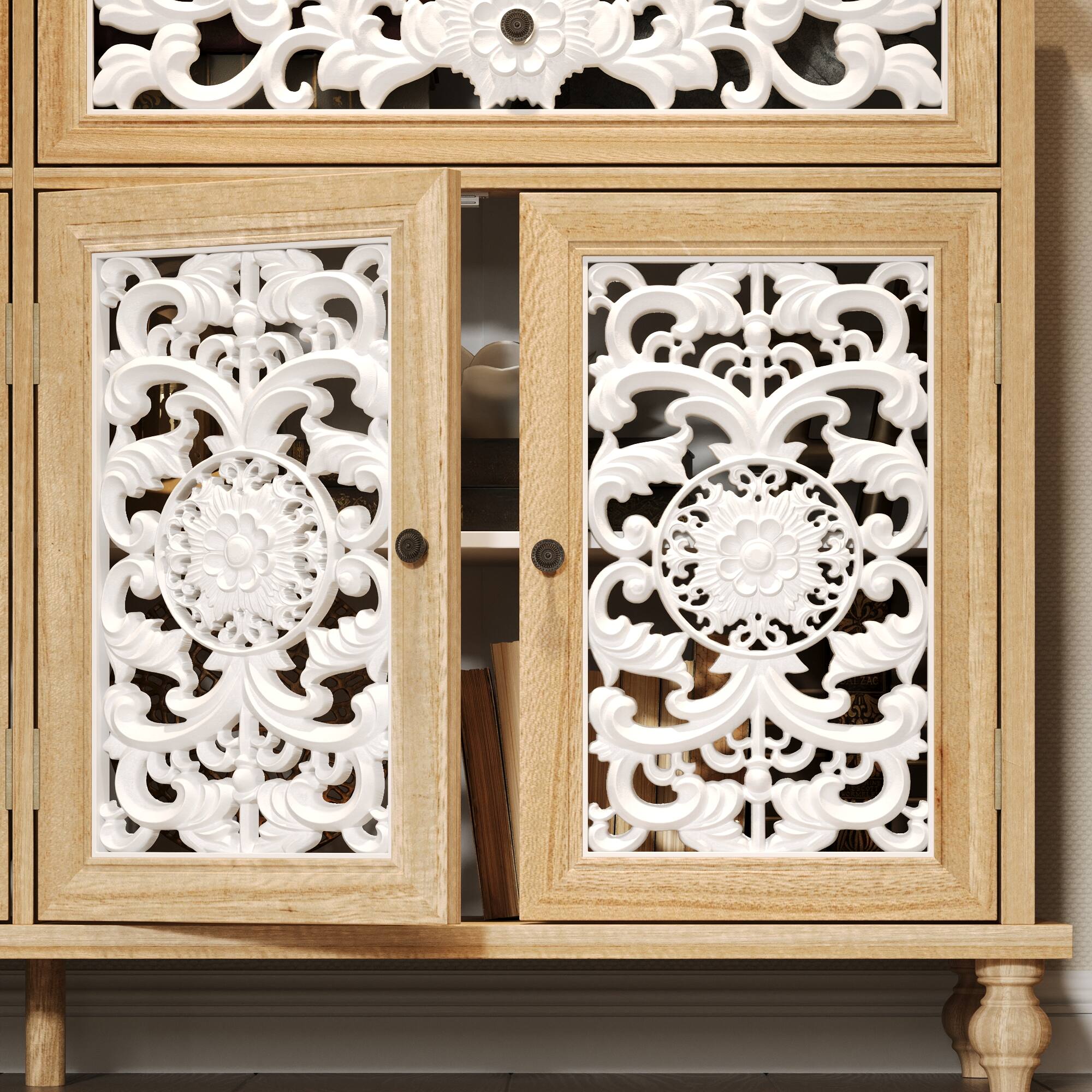 Alt View 7. Famapy - Famapy Boho Carved Console Cabinet - Solid Wood Legs, Decor & Storage - White & Wooden.