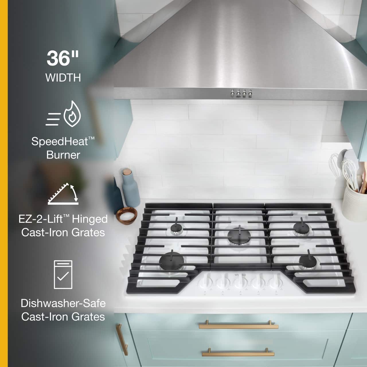 The image features a stove with a 36" width, SpeedHeat Burner, EZ-2-Lift Hinged Cast-Iron Grates, and Dishwasher-Safe Cast-Iron Grates.