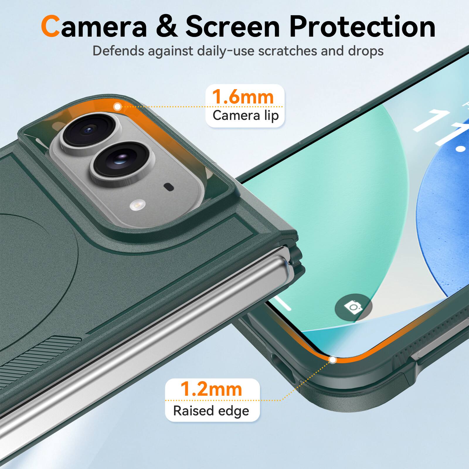 Camera & Screen Protection  
Defends against daily-use scratches and drops  

1.6mm  
Camera lip  

1.2mm  
Raised edge