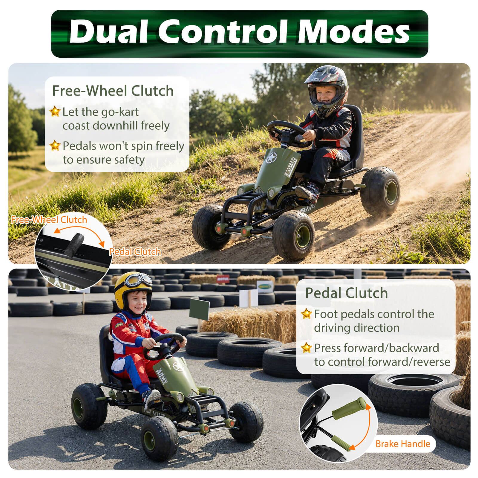 Dual Control Modes

Free-Wheel Clutch
- Let the go-kart coast downhill freely
- Pedals won't spin freely to ensure safety

Pedal Clutch
- Foot pedals control the driving direction
- Press forward/backward to control forward/reverse

Brake Handle