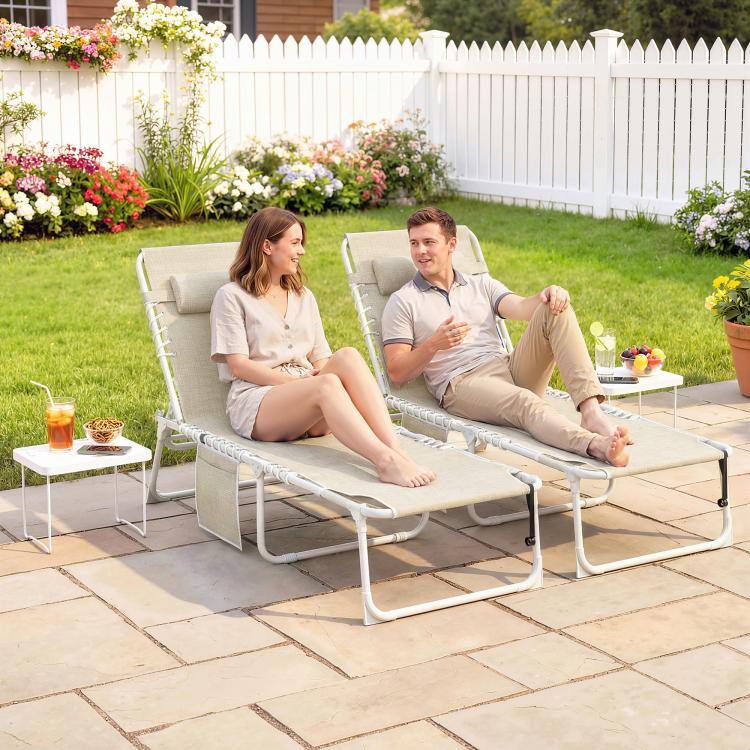 Alt View 1. PULUZ - Tanning Chair Set of 2 with Face Hole and Side Table, 5-Position Folding Outdoor Chaise Lounge Chair - Beige.