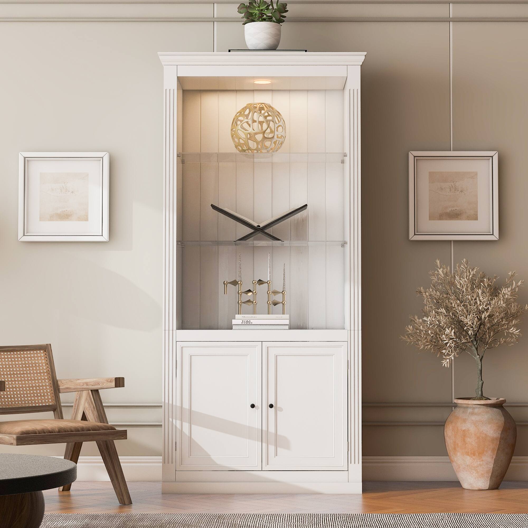 Front. Tiramisubest - 4-Tier Freestanding Farmhouse Bookcase with 5-Colors Dimmable Ceiling Light,Bookshelf with Doors & Adjustable Shelves - White.