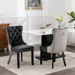 LUCKY ONE - Assembled Tufted PU Velvet Dining Chair Set of 2 with Wood Legs Nailhead Trim High Back - Black+ Gray