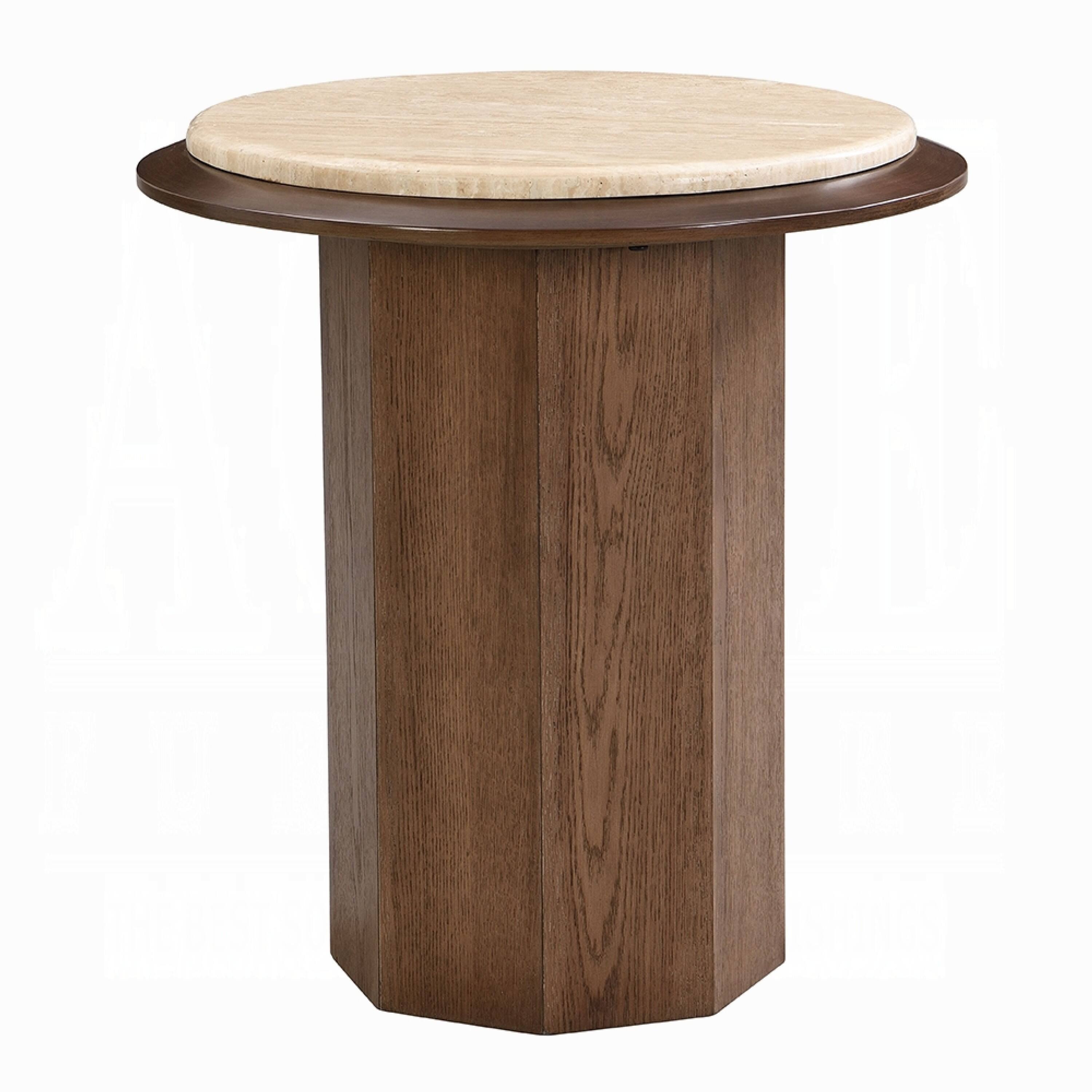 Alt View 1. Manhattan Lane - Pery Side End Table, 22 Inch Beige Travertine Stone Top - Beige, Walnut Brown.