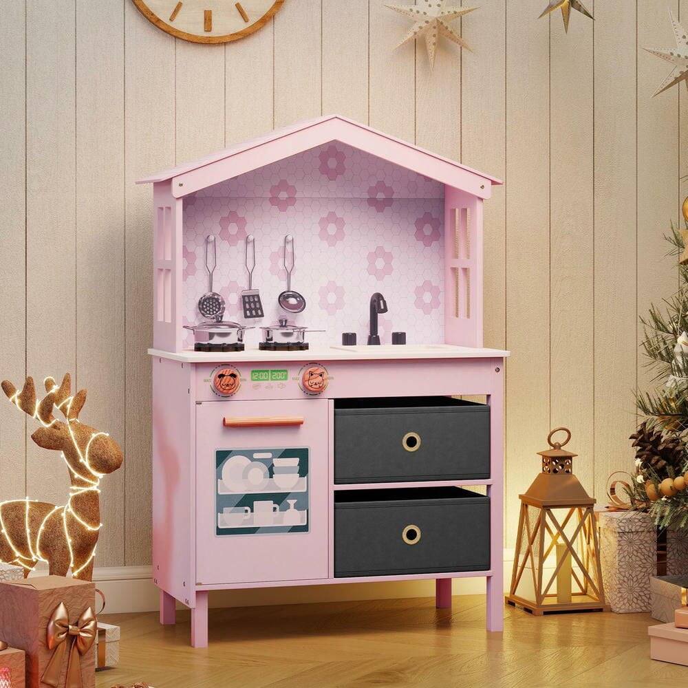 Alt View 2. Resenkos - Kids Play Kitchen Set with 2 Stoves & Rotation Knobs - Pretend Cooking Toy - Pink - Pink.