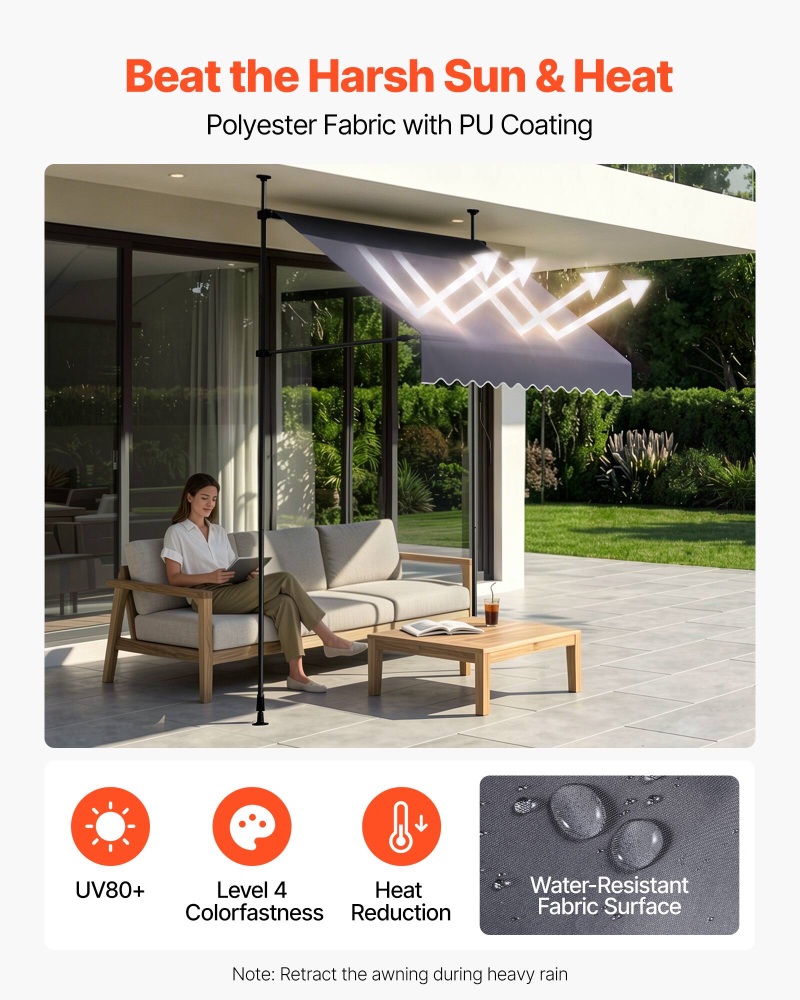 Beat the Harsh Sun & Heat  
Polyester Fabric with PU Coating  

UV80+  
Level 4 Colorfastness  
Heat Reduction  

Water-Resistant Fabric Surface  

Note: Retract the awning during heavy rain
