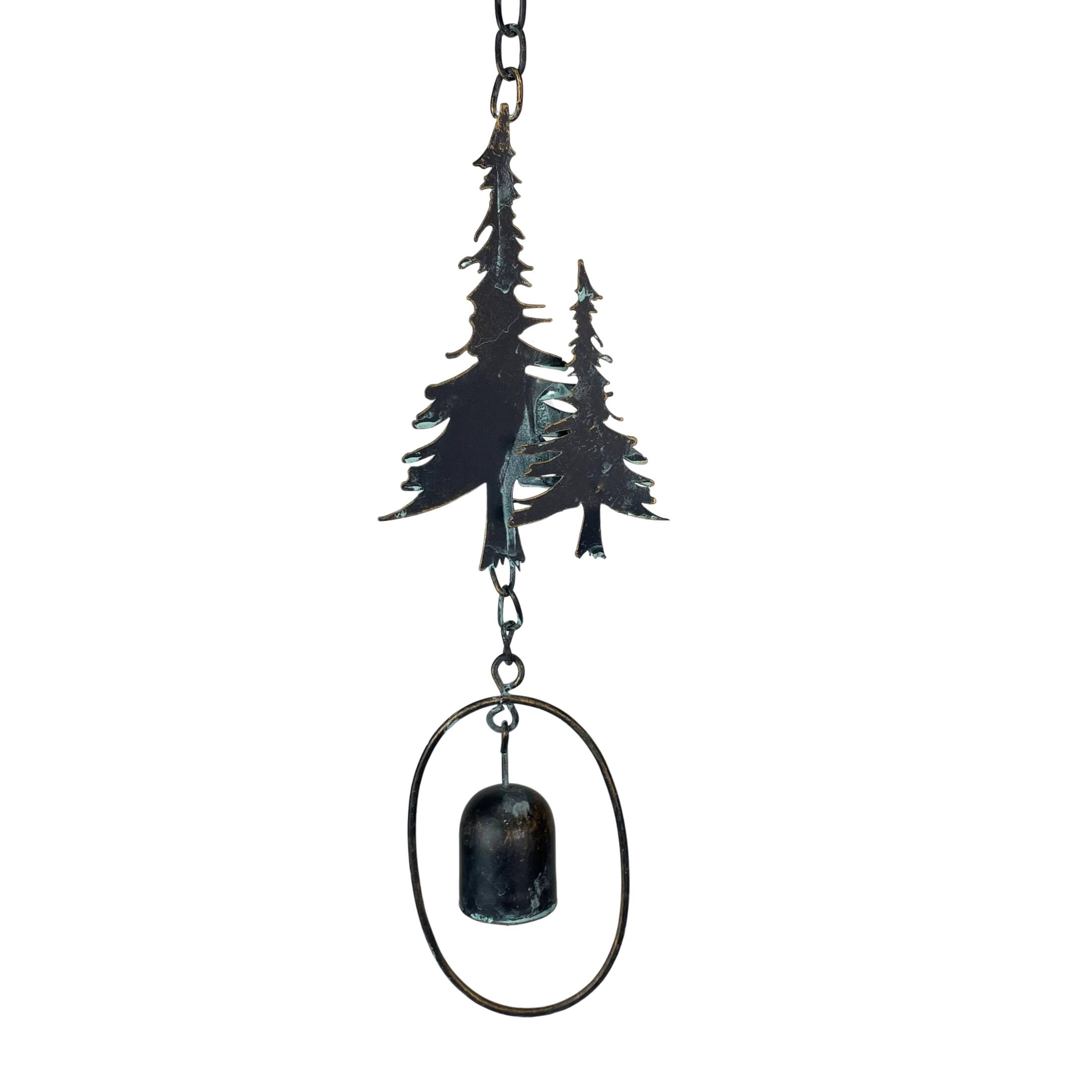 Alt View 8. Things2Die4 - 70" Metal Rain Chain - Forest Trees & Zen Bells, Aged Verdigris, 3.25" Diameter - Black.