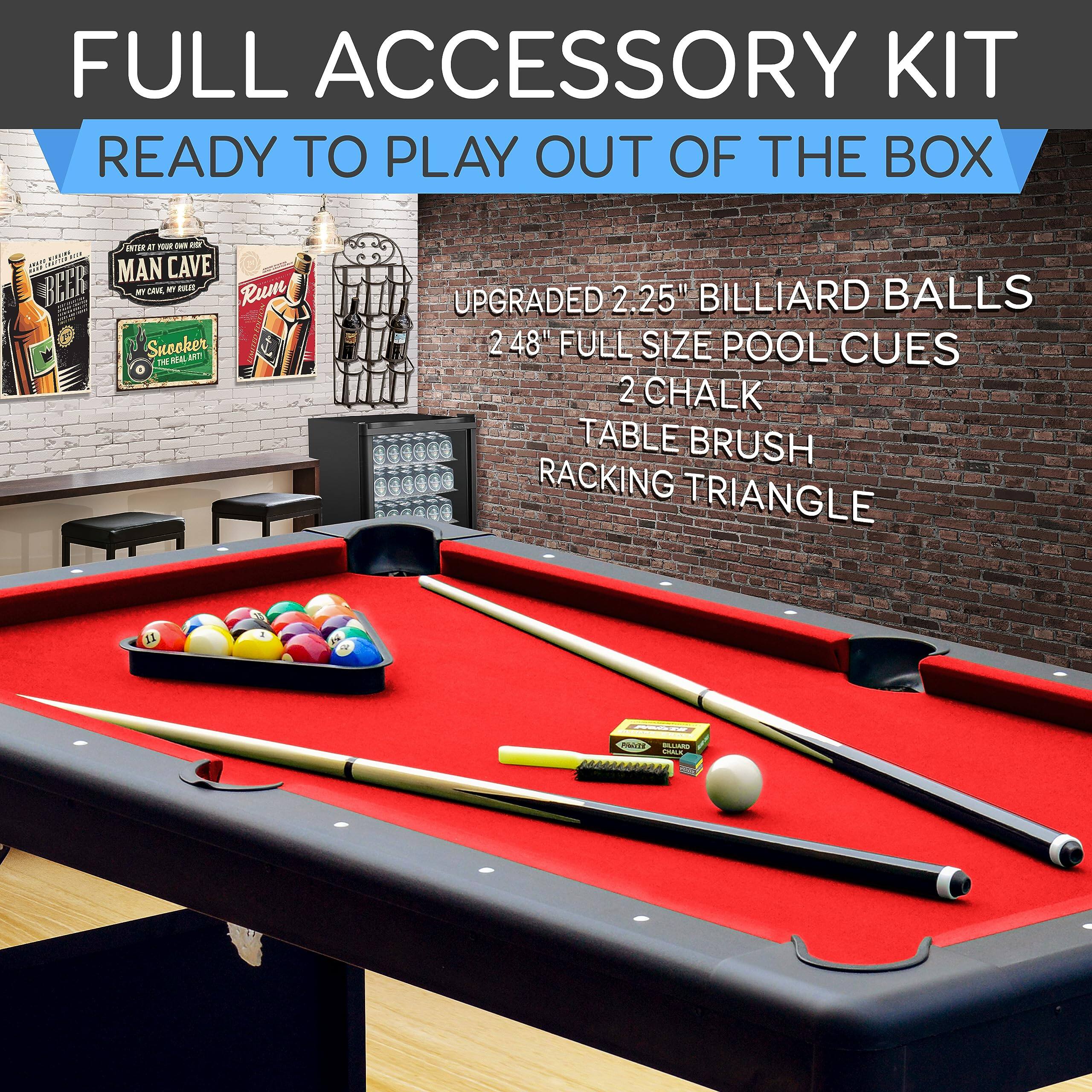 FULL ACCESSORY KIT READY TO PLAY OUT OF THE BOX

- UPGRADED 2.25" BILLIARD BALLS
- 2 48" FULL SIZE POOL CUES
- 2 CHALK
- TABLE BRUSH
- RACKING TRIANGLE