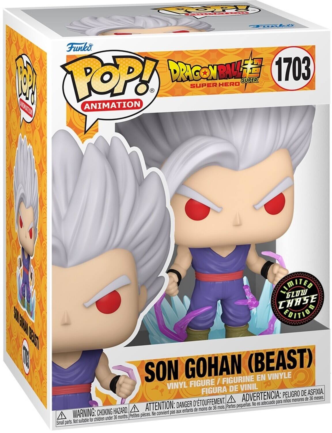 The text on the image is:

"POP! ANIMATION DRAGON BALL SUPER HERO 1703 A POP! ANIMATION SUPER HERO LIMITED EDITION SON GOHAN (BEAST) VINYL FIGURE / FIGURINE EN VINYLE FIGURA DE VINIL PELIGRO DE ASFIXIA. TOUFTEMENT. ADVERTENCIA: para niños menores de 36 meses. DANGER DE PETITES PIECES. Ne convient pas for children under 36 months, Small parts. Not suitable."

Corrected and grouped text:

"POP! Animation Dragon Ball Super Hero 1703 Limited Edition Son Gohan (Beast) Vinyl Figure / Figurine en Vinyle Figura de Vinil. Peligro de asfixia. Advertencia: para niños menores de 36 meses. Danger de petites pièces. Ne convient pas. Warning: Choking hazard. Small parts. Not suitable for children under 36 months."