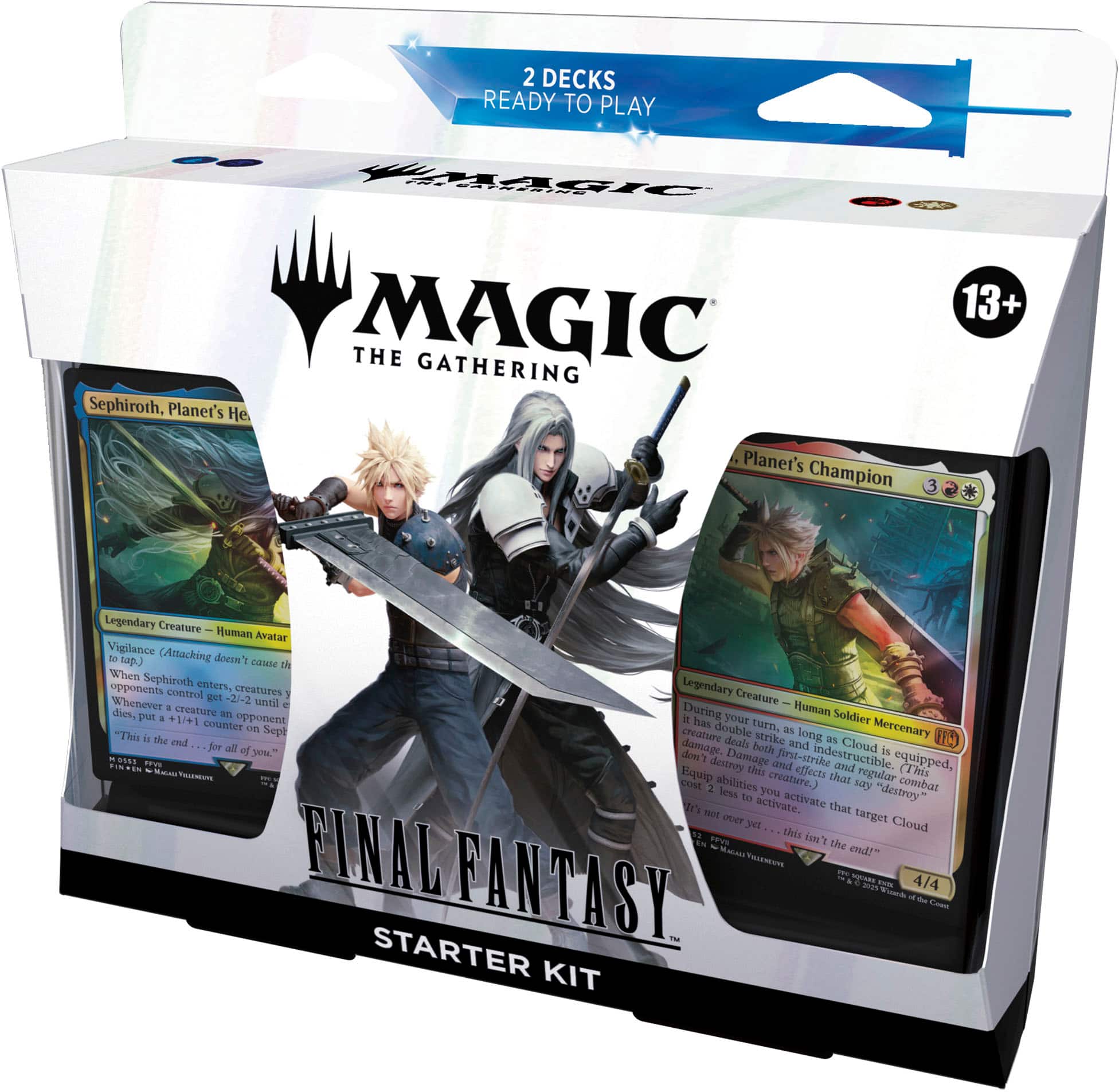 Magic: The Gathering Final Fantasy Starter Kit
This starter kit includes two pre-constructed decks, ready to play, and a 13+ card booster pack. The decks are based on the popular Final Fantasy franchise, featuring iconic characters and abilities from the games. The booster pack contains additional cards to further customize and enhance your decks. The kit is designed to provide a fun and engaging introduction to the world of Magic: The Gathering, a collectible card game that has captivated players for decades.
