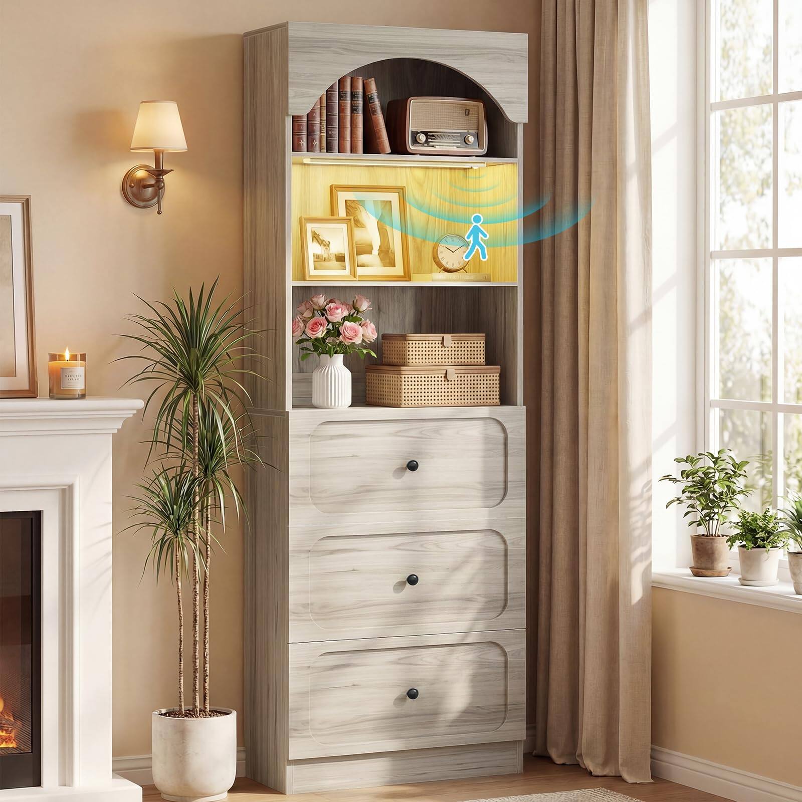 Angle. Aheaplus - 80" Tall Arched Pantry Cabinet: Motion Sensor Light, 3 Drawers, 3 Shelves for Kitchen,Ships in 2 Packages - Ash Grey.