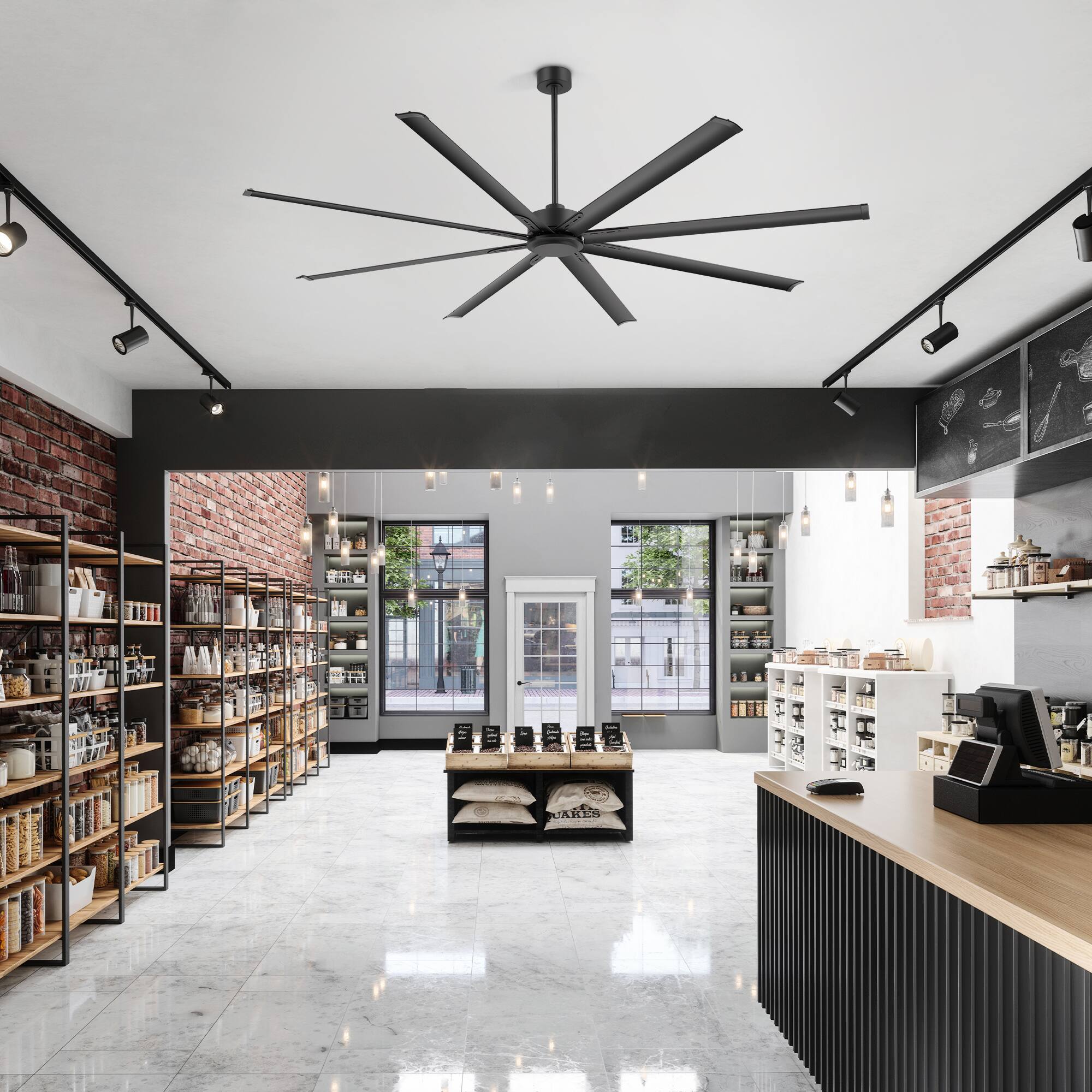 Back. Breezary - 84/96/120 Inch Extra Large HVLS Commercial Ceiling Fan, No Light, Aluminum Blades, DC Motor, Remote, 3 Downrods Included - 96-in Black.