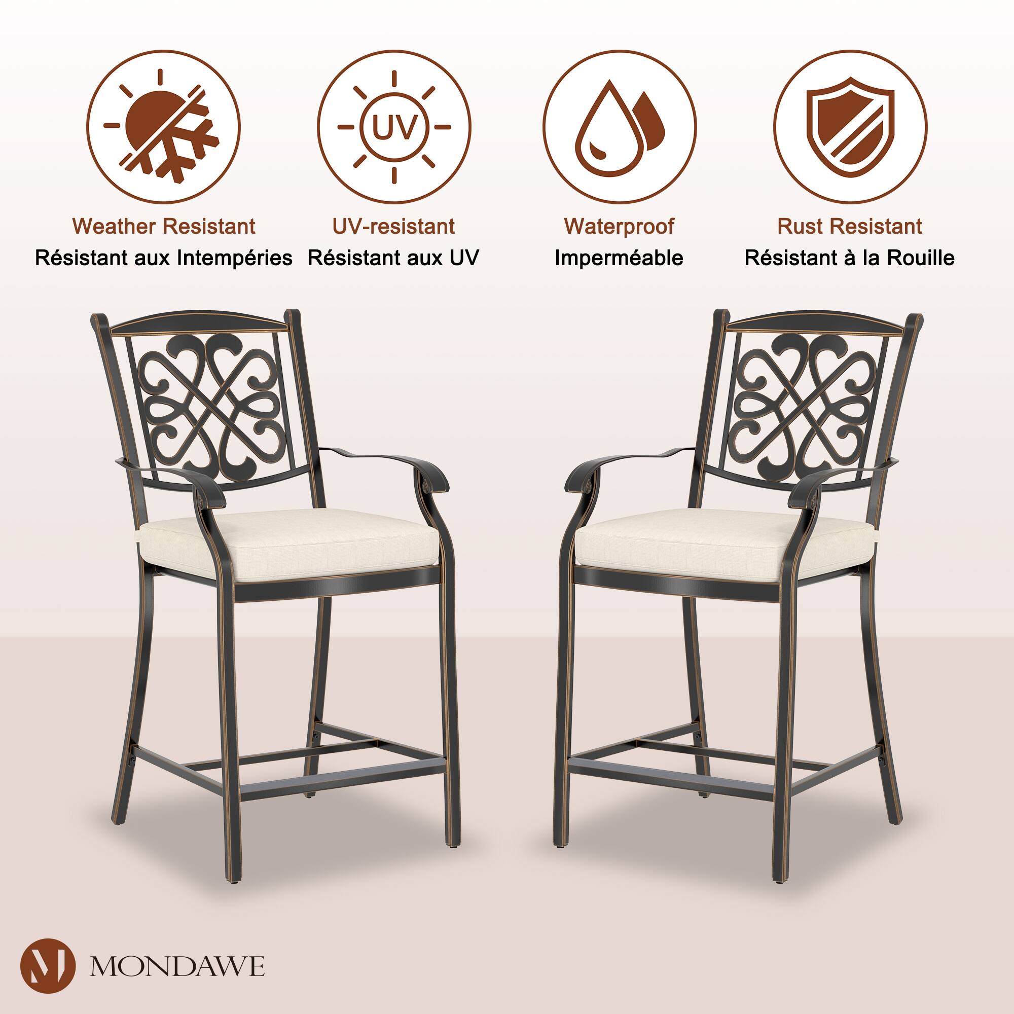 - Weather Resistant  
  Résistant aux Intempéries

- UV-resistant  
  Résistant aux UV

- Waterproof  
  Imperméable

- Rust Resistant  
  Résistant à la Rouille

MONDAWE