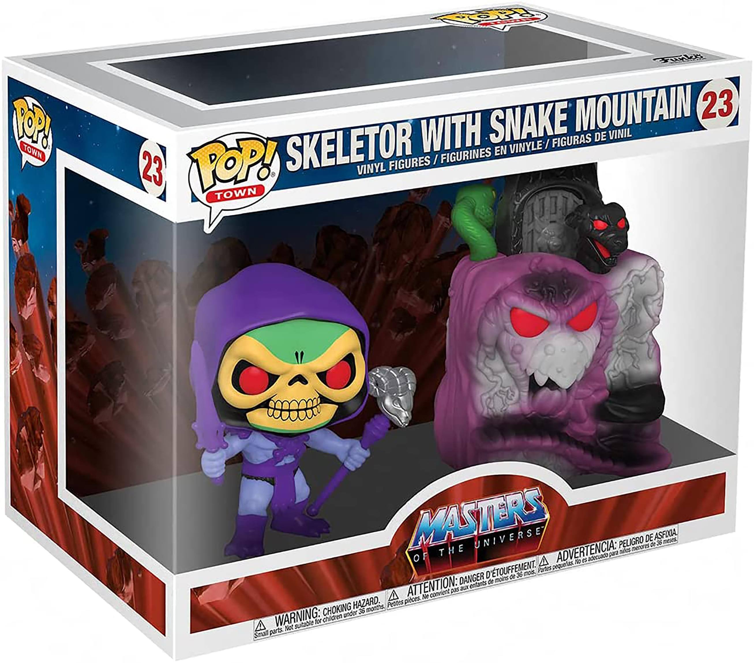 Sure, here is the corrected and grouped text from the image:

---

**POP! TOWN**

**23**

**POP! TOWN**

**SKELETOR WITH SNAKE MOUNTAIN**

**23**

**VINYL FIGURES / FIGURINES EN VINYLE / FIGURAS DE VINIL**

**MASTERS OF THE UNIVERSE**

**ADVERTENCIA: PELIGRO DE ASFIXIA. No conviene para menores de 36 meses.**

**ATTENTION: DANGER DE DETOUFFEMENT. Ne convient pas aux enfants de moins de 36 mois.**

**WARNING: CHOKING HAZARD. Not for children under 3 years.**

**Small parts. Not suitable for children under 3 years.**

---

This text is organized to reflect the information on the packaging of the toy.