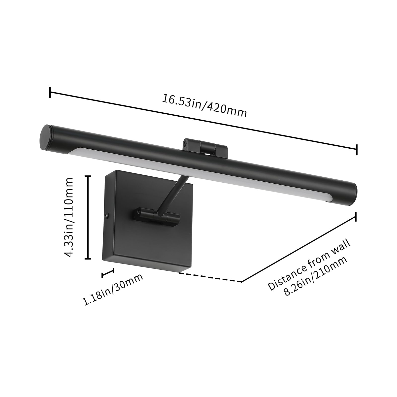16.53in/420mm  
4.33in/110mm  
1.18in/30mm  
Distance from wall: 8.26in/210mm