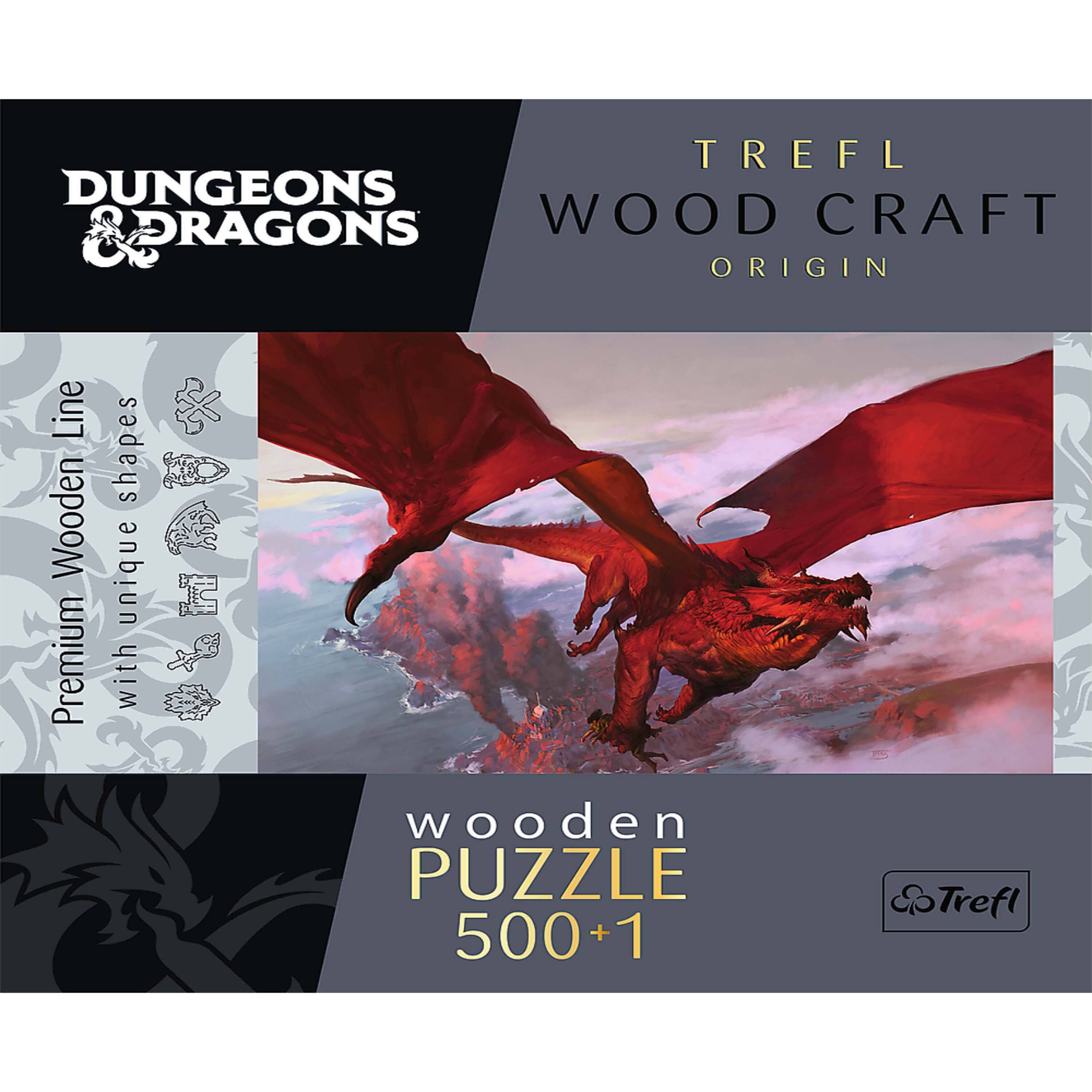 Sure, here is the corrected and grouped text from the image:

---

**Dungeons & Dragons**

**Trefl Wood Craft Origin**

**Premium Wooden Line with unique shapes**

**wooden PUZZLE 500+1**

**Trefl**

---