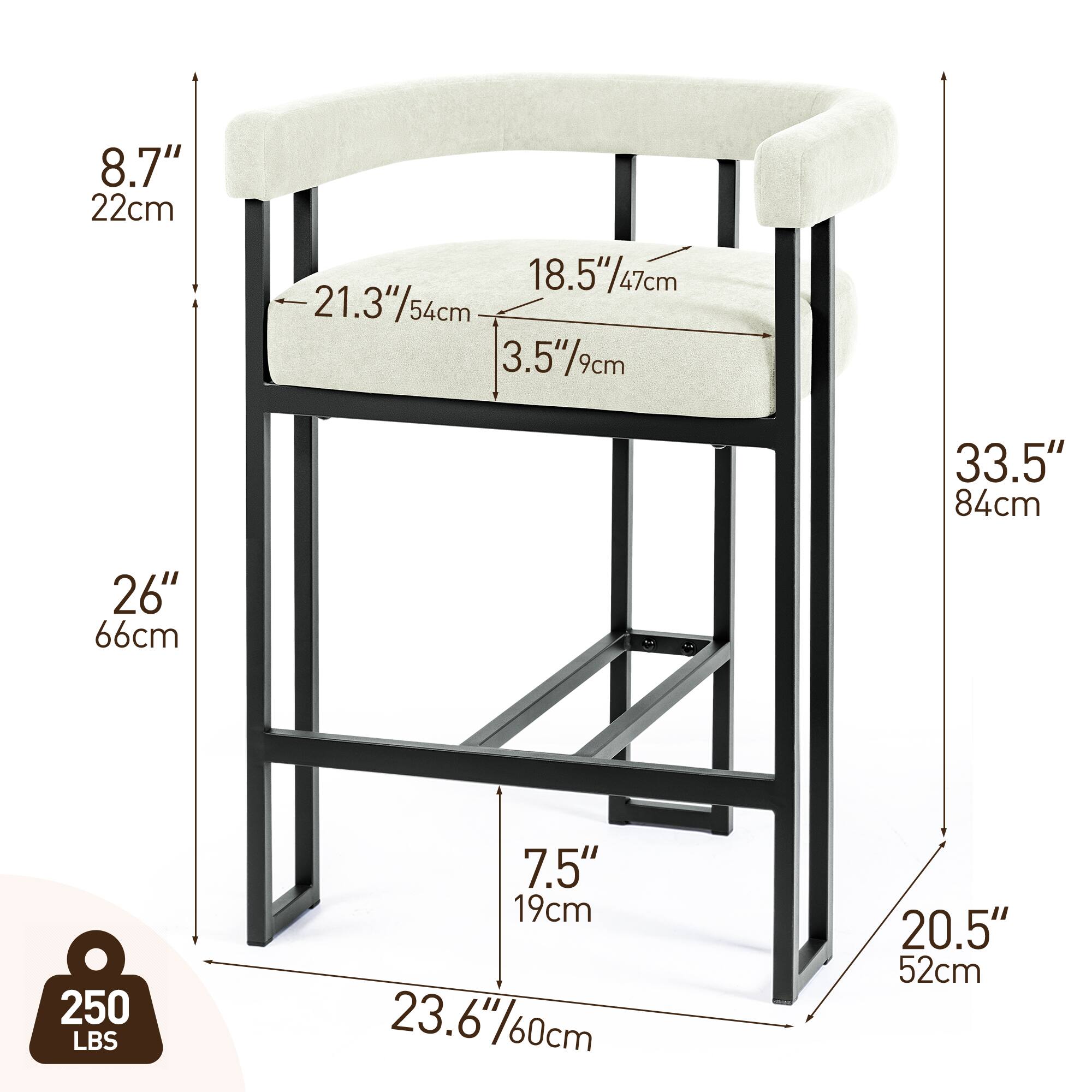 8.7" / 22cm  
18.5" / 47cm  
3.5" / 9cm  
21.3" / 54cm  
26" / 66cm  
7.5" / 19cm  
23.6" / 60cm  
20.5" / 52cm  
33.5" / 84cm  
250 LBS
