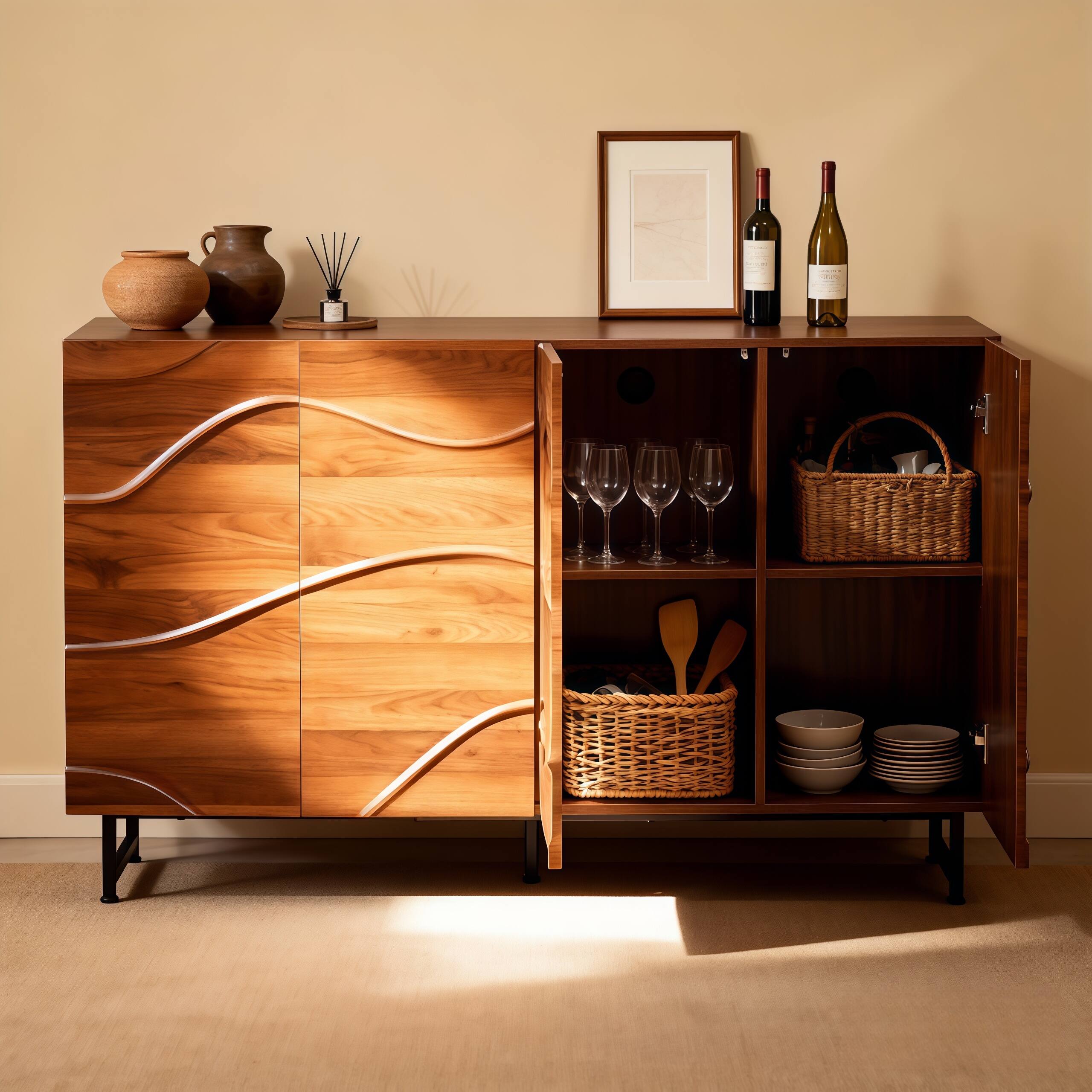 Angle. Aukfa - Modern Art Solid Wood Sideboard - Wave Relief Design, Walnut Texture, Iron Legs, Living Room Storage Cabinet. - Brown.