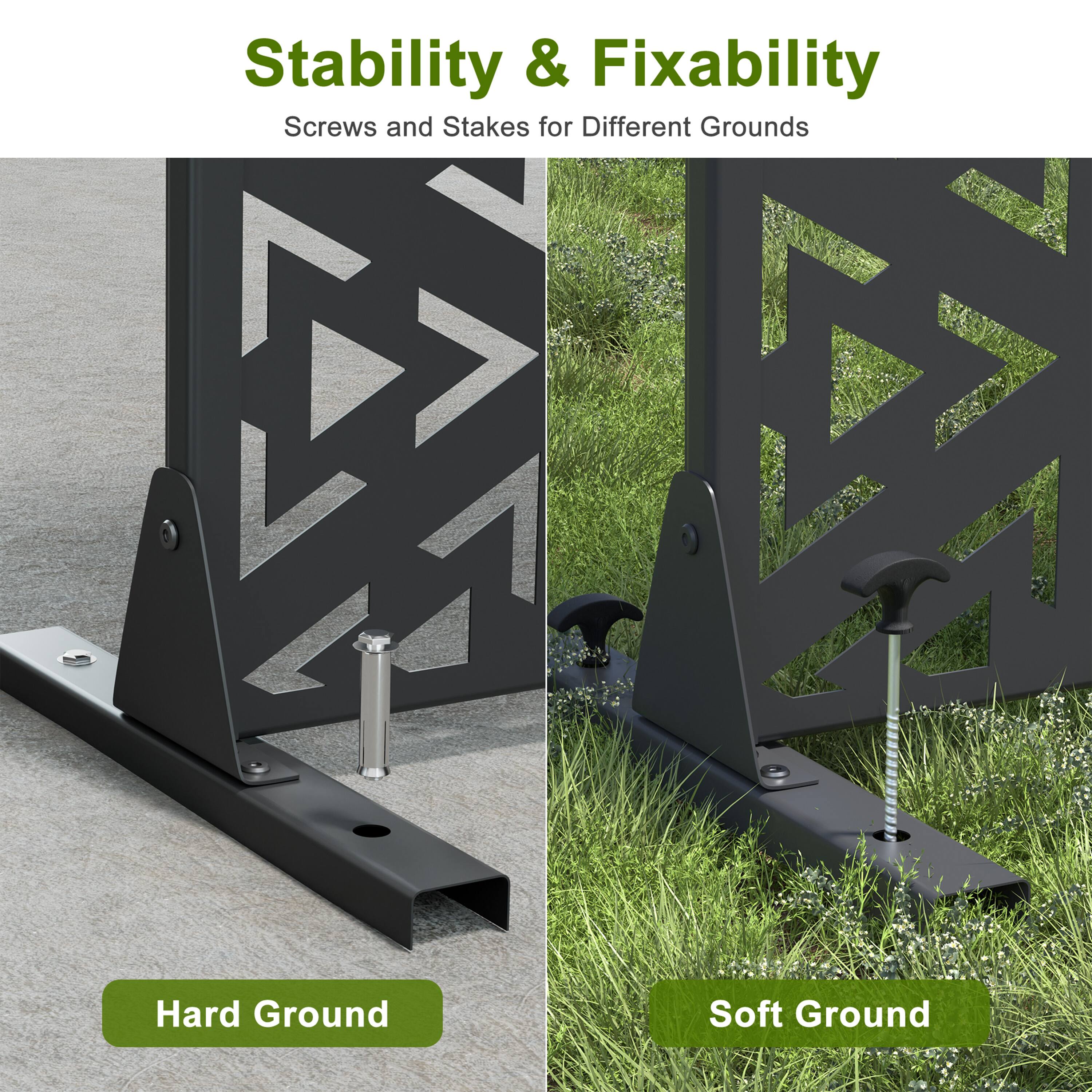 Stability & Fixability  
Screws and Stakes for Different Grounds  

Hard Ground  
Soft Ground