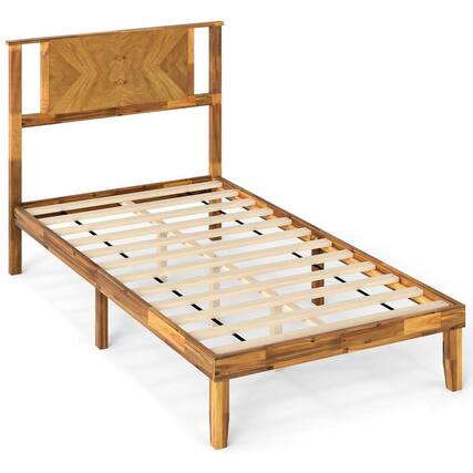 Front. Kadyn - Twin Size Mid-Century Modern Platform Bed with Wood Headboard, Crafted from Acacia Wood with a Sleek Profile for Bedroom - Brown.