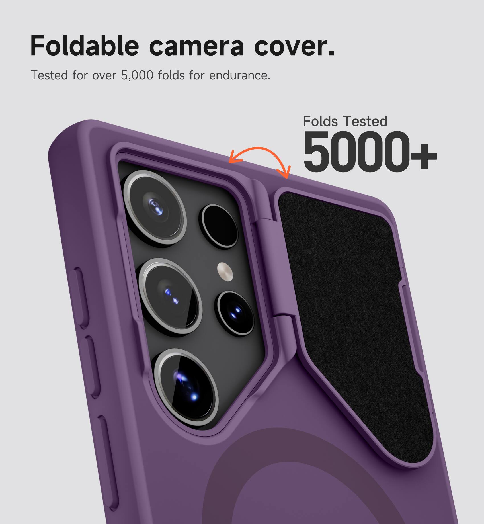 Foldable camera cover.  
Tested for over 5,000 folds for endurance.  
Folds Tested 5000+
