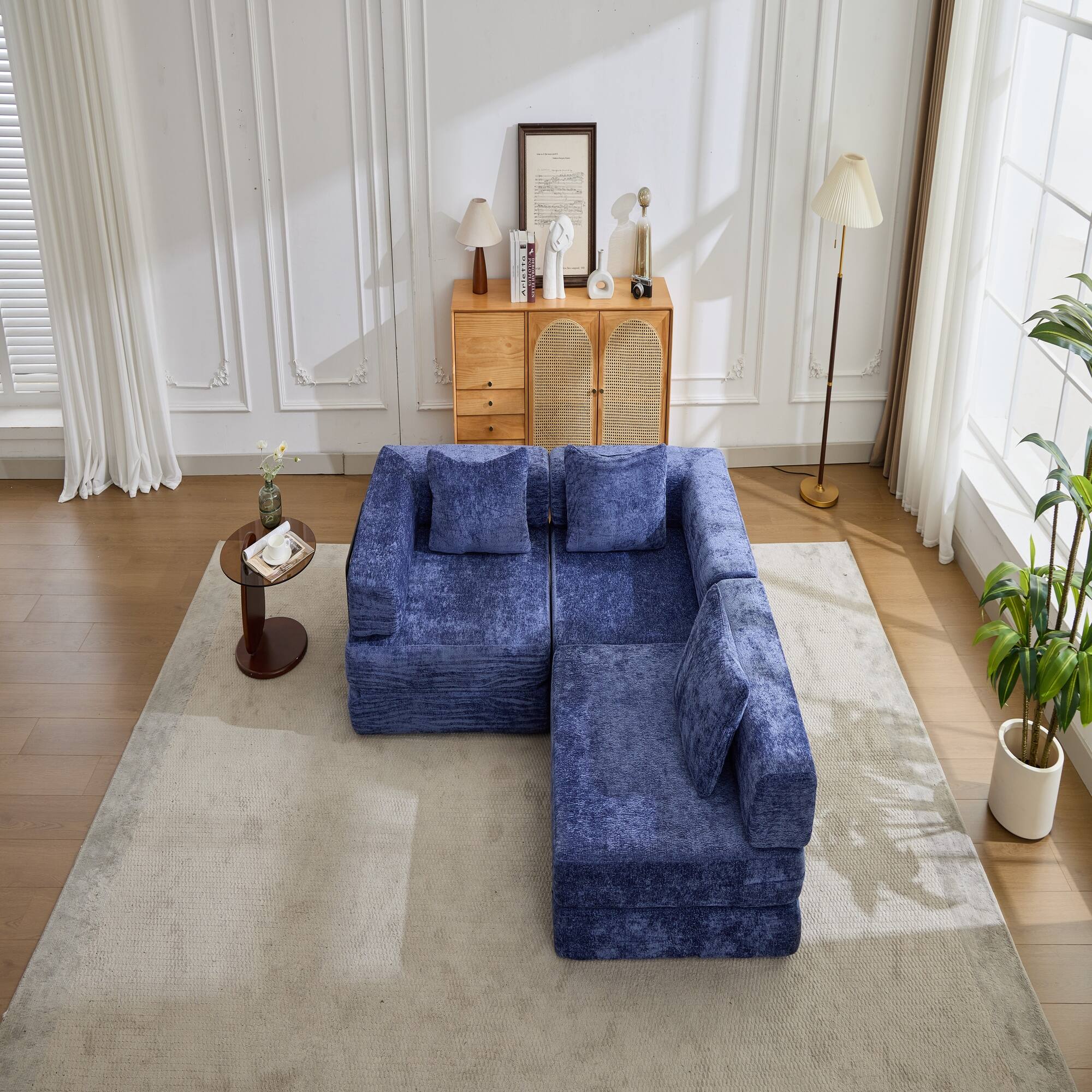 Left. Boyel Living - Modular Memory Foam Floor Sectional Sofa Bed - Dark Blue.