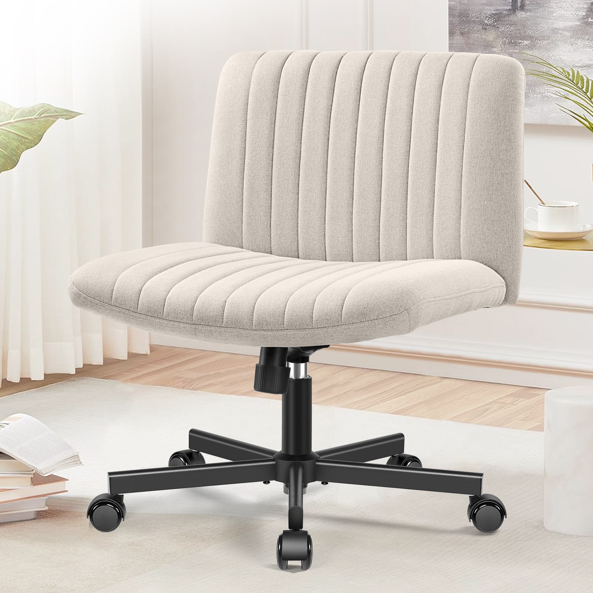 KERDOM - Armless Office Chair with Wheels, Ergonomic Wide Seat Fabric Cross Legged Desk Chair, Home Office Swivel Computer Chair - Beige