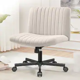 KERDOM - Armless Office Chair with Wheels, Ergonomic Wide Seat Fabric Cross Legged Desk Chair, Home Office Swivel Computer Chair - Beige
