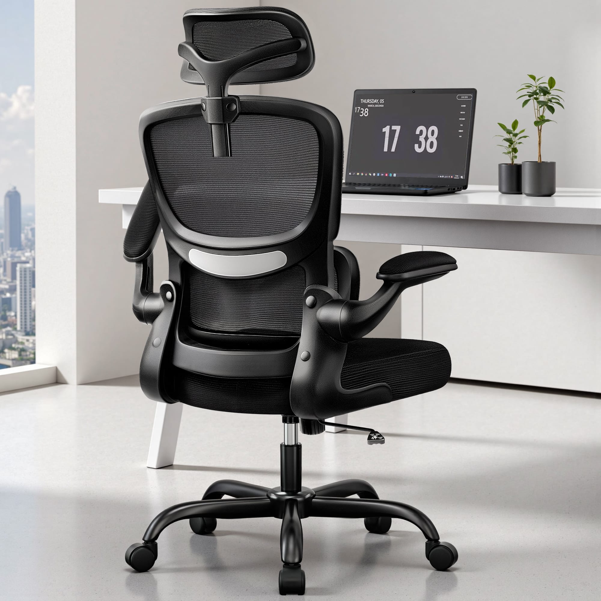 Front. KERDOM - High Back Ergonomic Office Chair, Breathable Mesh Desk Chair with Lumbar Support, Flip-up Arms, Computer Gaming Chair - Black.