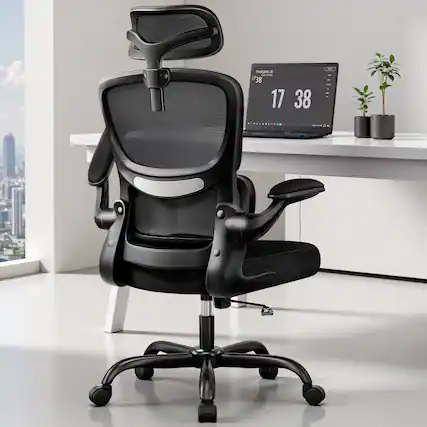 Front. KERDOM - High Back Ergonomic Office Chair, Breathable Mesh Desk Chair with Lumbar Support, Flip-up Arms, Computer Gaming Chair - Black.