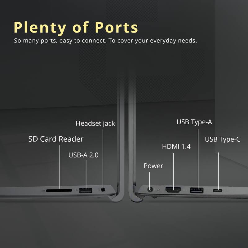 Plenty of Ports  
So many ports, easy to connect. To cover your everyday needs.  

- Headset jack  
- SD Card Reader  
- USB-A 2.0  
- USB Type-A  
- HDMI 1.4  
- USB Type-C  
- Power