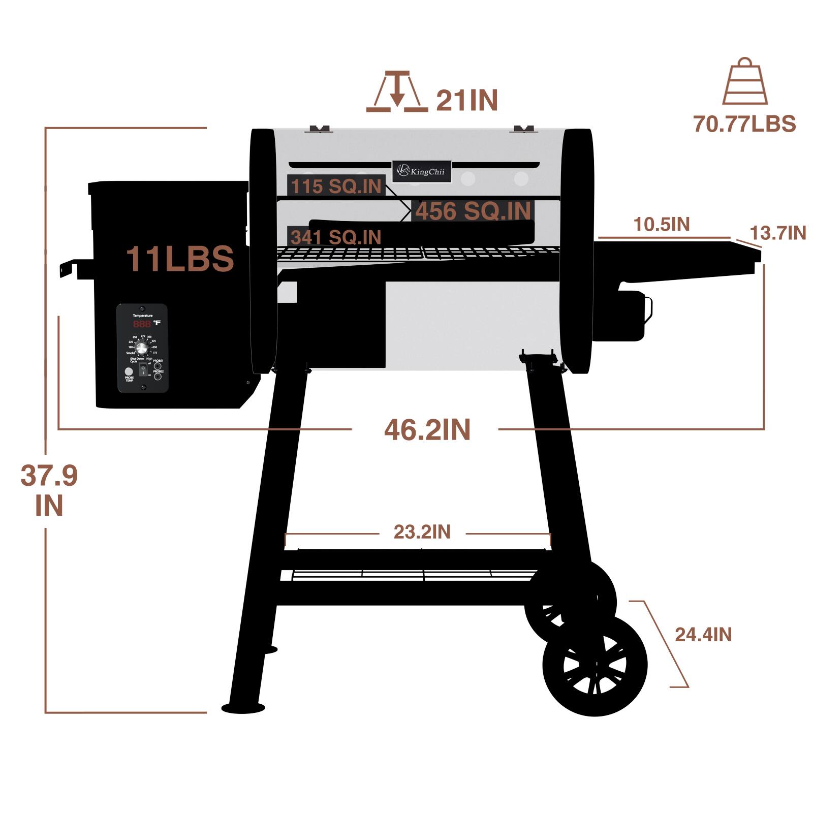 M 21IN 70.77LBS 11LBS 115 SQ.IN 341 SQ.IN KingChii 456 SQ.IN 10.5IN 13.7IN 46.2IN 37.9 IN 23.2IN 24.4IN