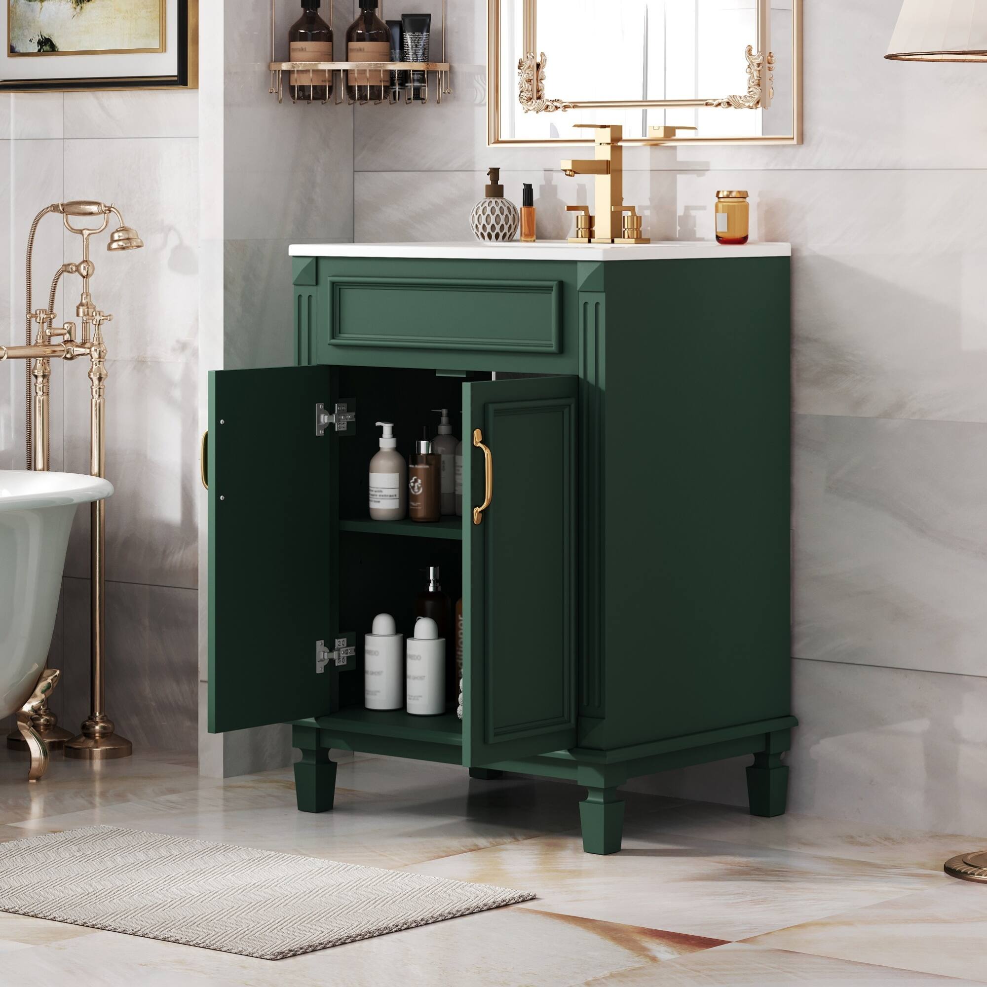 Back. ELEMENT ACE - Modern Bathroom Vanity with Ceramic Sink and Soft-Closing Doors, Solid Wood Frame Storage Cabinet - Green.
