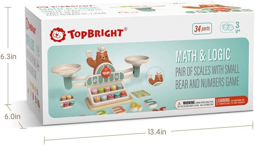 MATH & LOGIC PAIR OF SCALES WITH SMALL BEAR AND NUMBERS GAME  
LEARNING TOYS  
34 parts  
3+  
WARNING: CHOKING HAZARD - SMALL PARTS  
NOT FOR CHILDREN UNDER 3 YEARS  
TOPBRIGHT  
6.3in  
6.0in  
13.4in