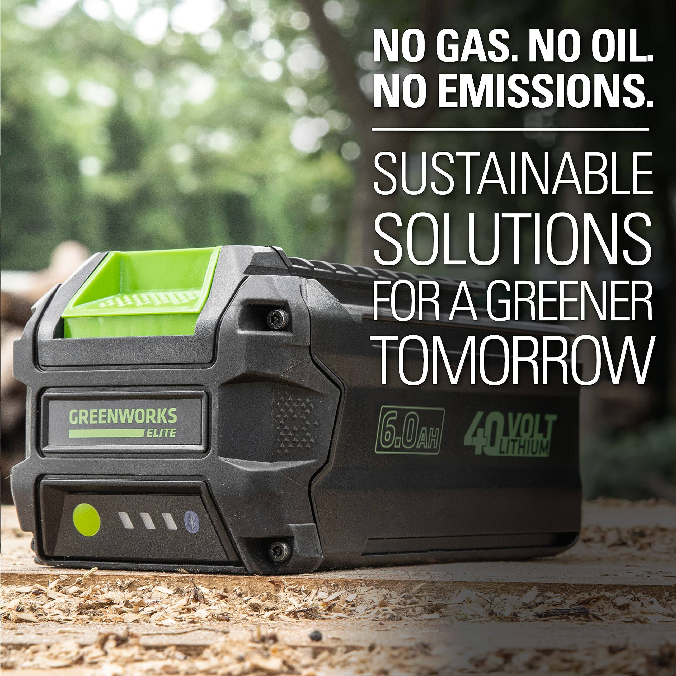 NO GAS. NO OIL. NO EMISSIONS.  
SUSTAINABLE SOLUTIONS FOR A GREENER TOMORROW  

GREENWORKS ELITE  
6.0AH 40VOLT LITHIUM