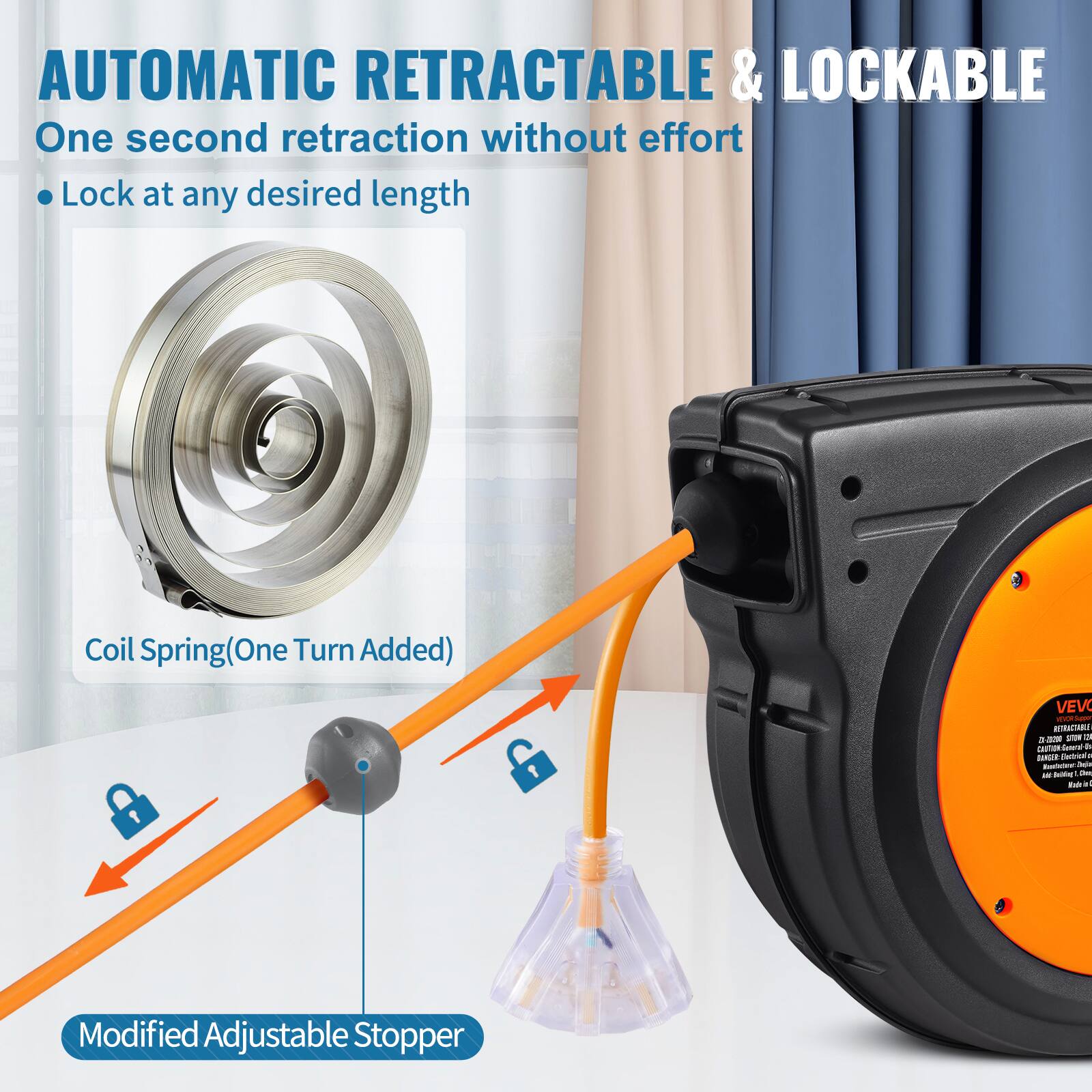 AUTOMATIC RETRACTABLE & LOCKABLE  
One second retraction without effort  
Lock at any desired length  

Coil Spring (One Turn Added)  

VEVO NEVORSpor RETRACTABLE 20200 I STON 3 CLUTION SON DANGER: Electrical Rucketour all Beiting Det Made il  

Modified Adjustable Stopper