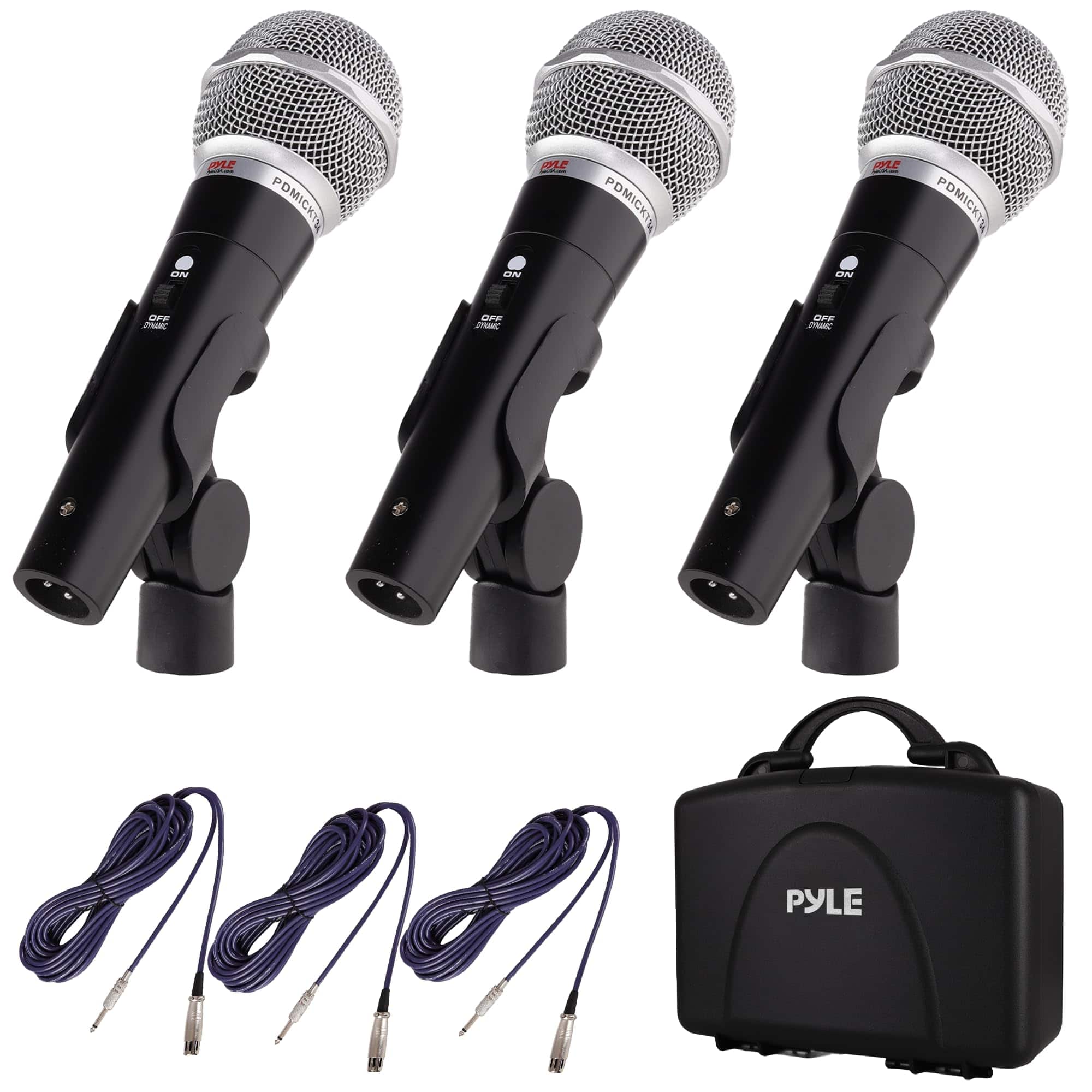 Pyle - 3-Piece Dynamic Microphone Kit, Handheld Mic with 26ft XLR Cable, Carry Case, Clip, and Holder - PDMICKT34 - Black