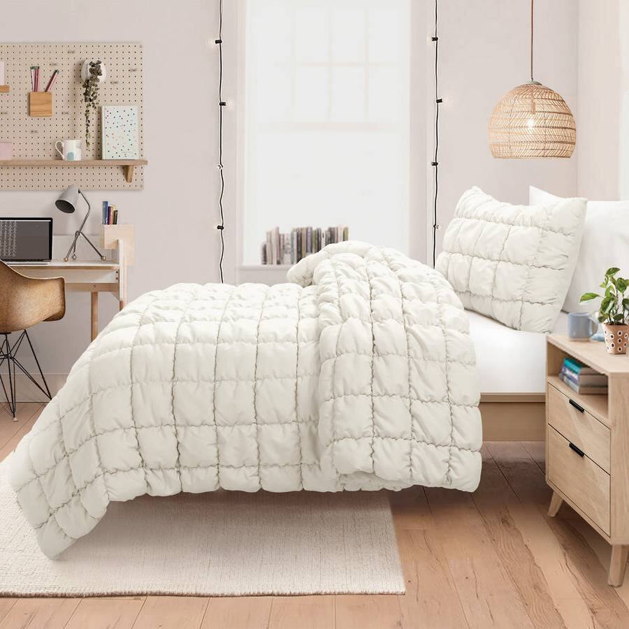 Angle. Hivvago - Full/Queen Soft Lightweight Puff Textured 3-Piece Comforter Set in Off White - Off White.