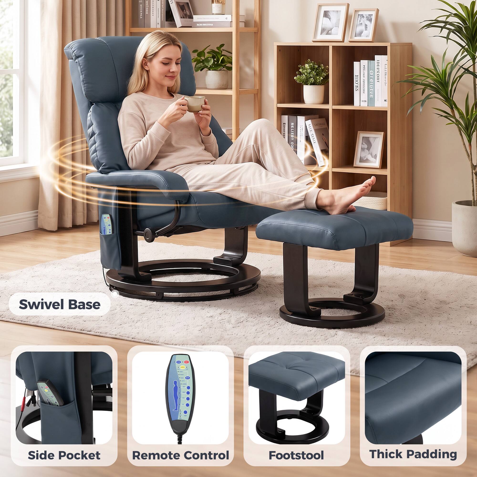= WORME
130
ICE INA/VINA
Elfoorder
103
10.71
MIE TIATE
SSLOUT
RECOM
LIVE
IDEPART

Swivel Base
Side Pocket
Remote Control
Footstool
Thick Padding
