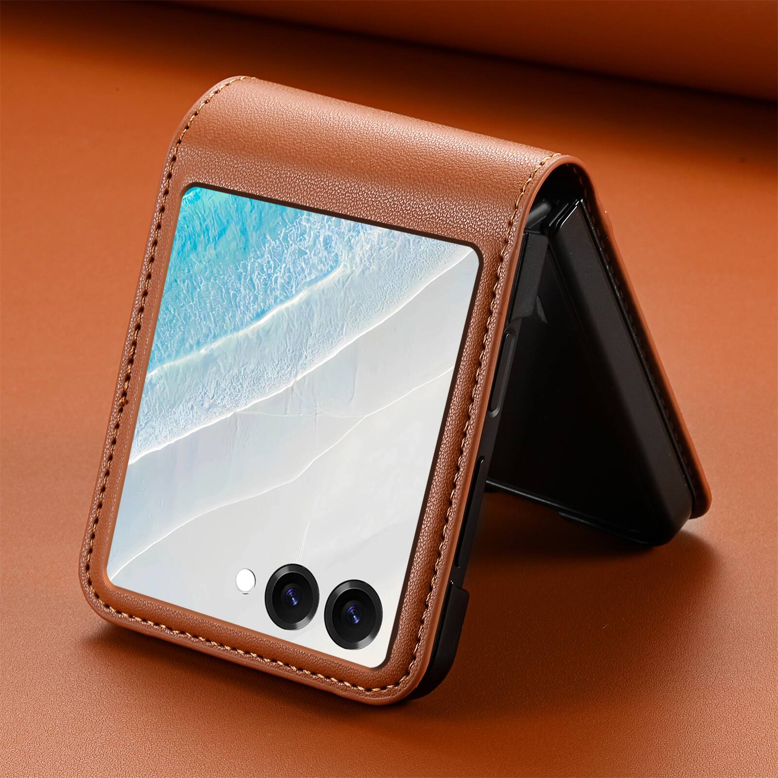 Back. Dteck - Wallet Case for Samsung Galaxy Z Flip8, Premium Leather Shockproof Slim Cover with Card Slot - Brown.